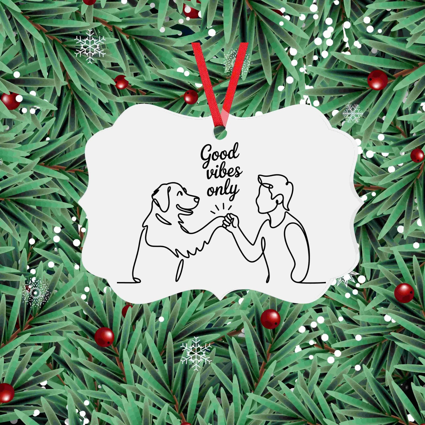 Minimalist one-line drawing of a person and dog fist bumping with the phrase “Good vibes only” above — digital PNG download