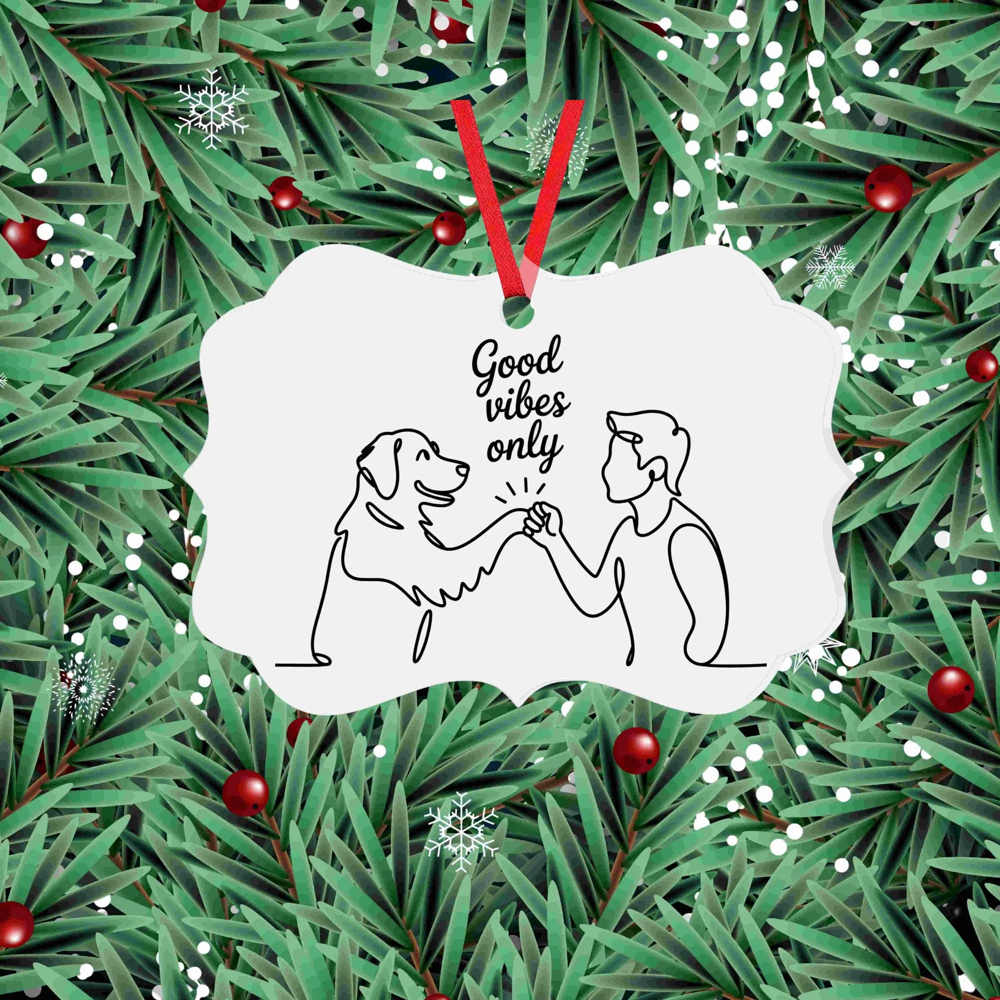 Minimalist one-line drawing of a person and dog fist bumping with the phrase “Good vibes only” above — digital PNG download