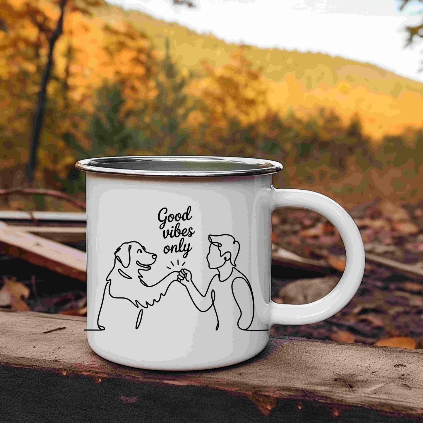 Minimalist one-line drawing of a person and dog fist bumping with the phrase “Good vibes only” above — digital PNG download