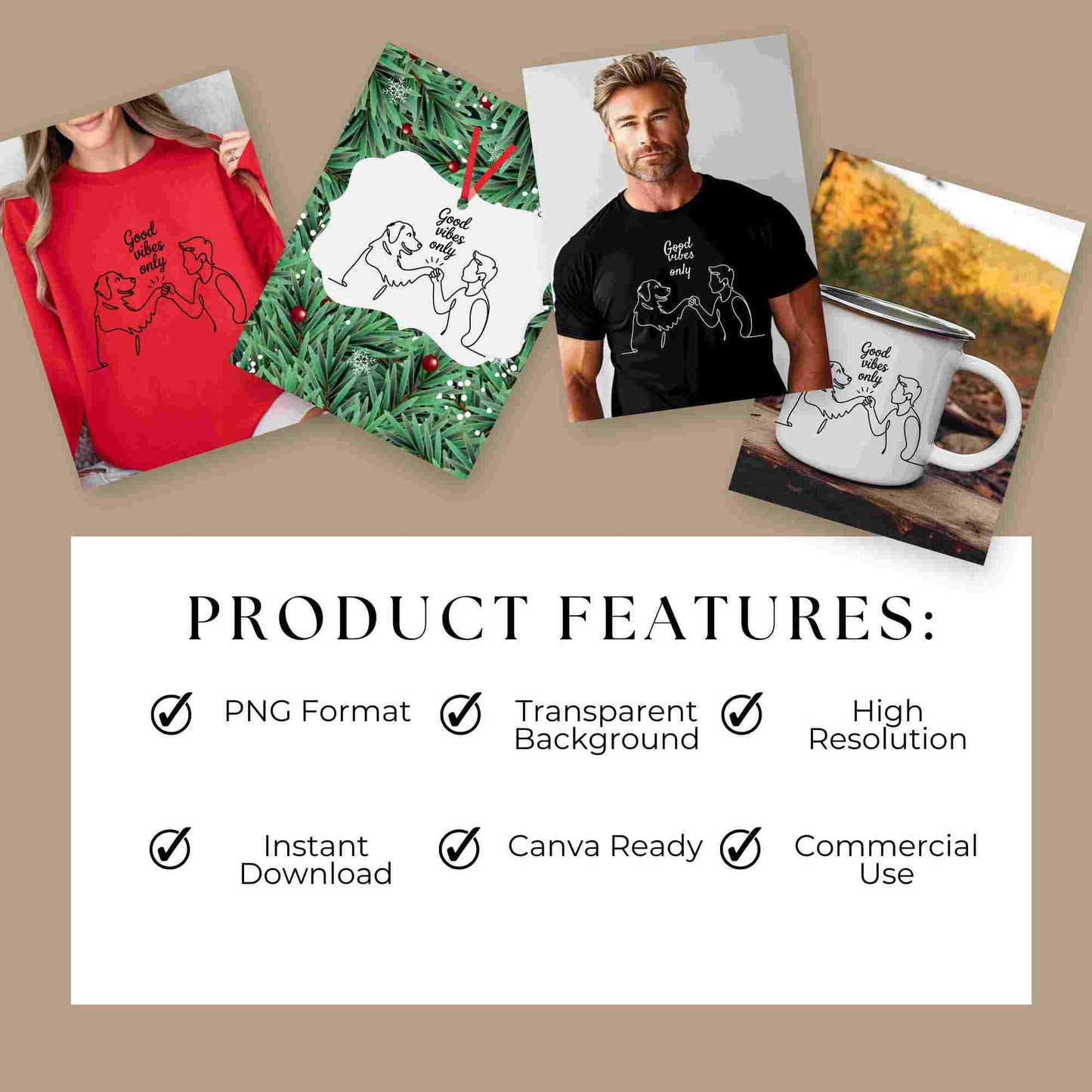 Minimalist one-line drawing of a person and dog fist bumping with the phrase “Good vibes only” above — digital PNG download