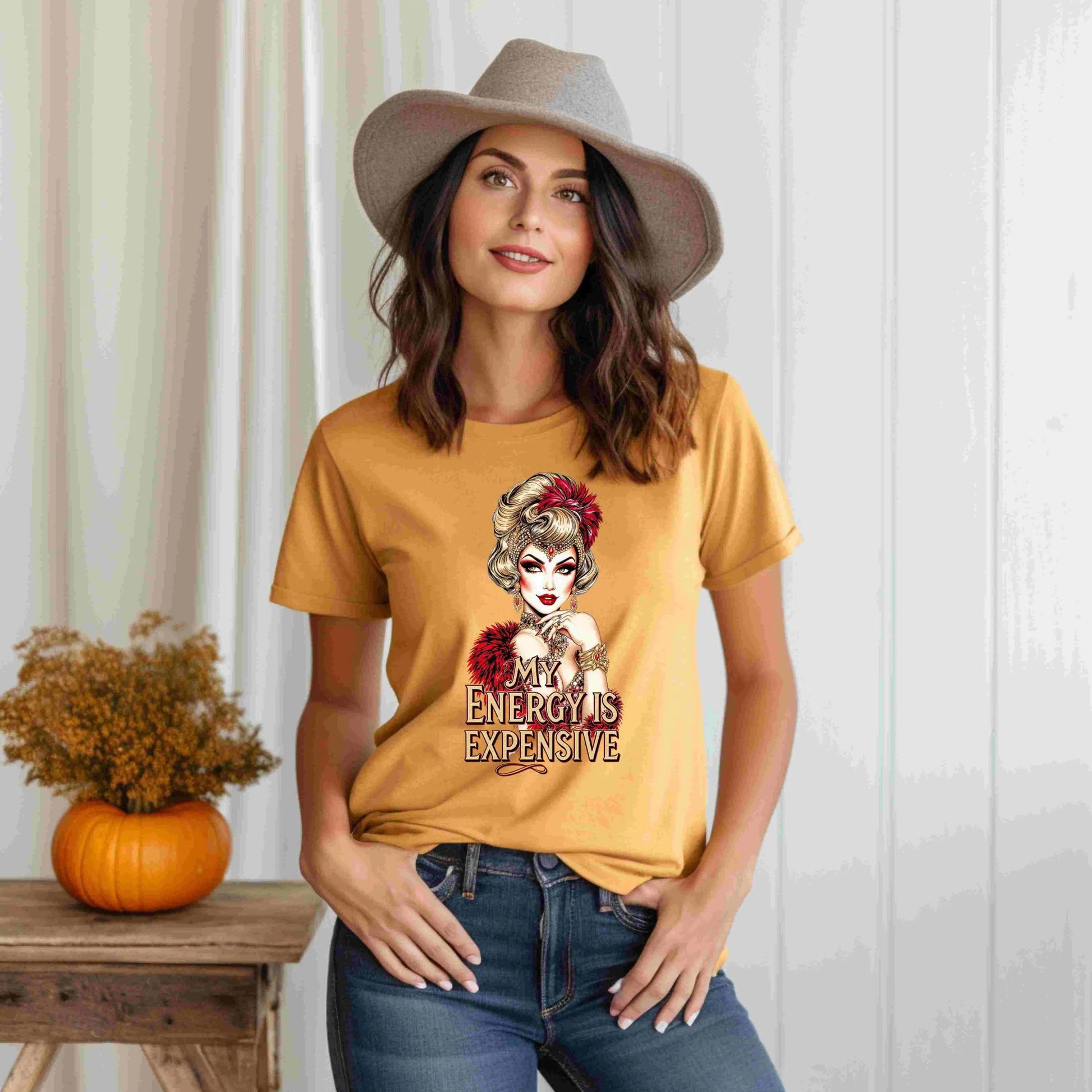 Vintage-inspired glam woman illustration with red feathers and jewels, featuring the quote “My Energy Is Expensive” — digital PNG download