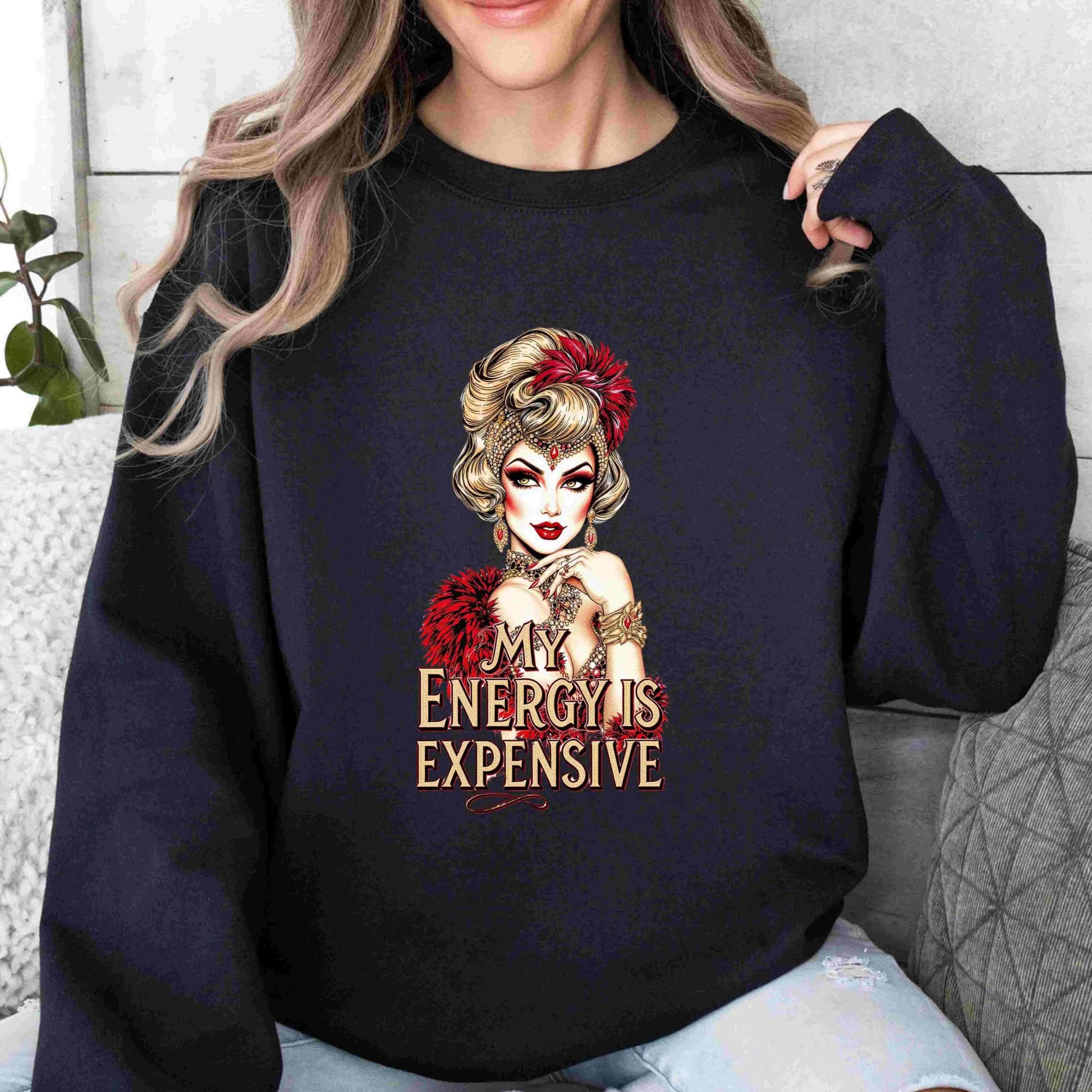 Vintage-inspired glam woman illustration with red feathers and jewels, featuring the quote “My Energy Is Expensive” — digital PNG download