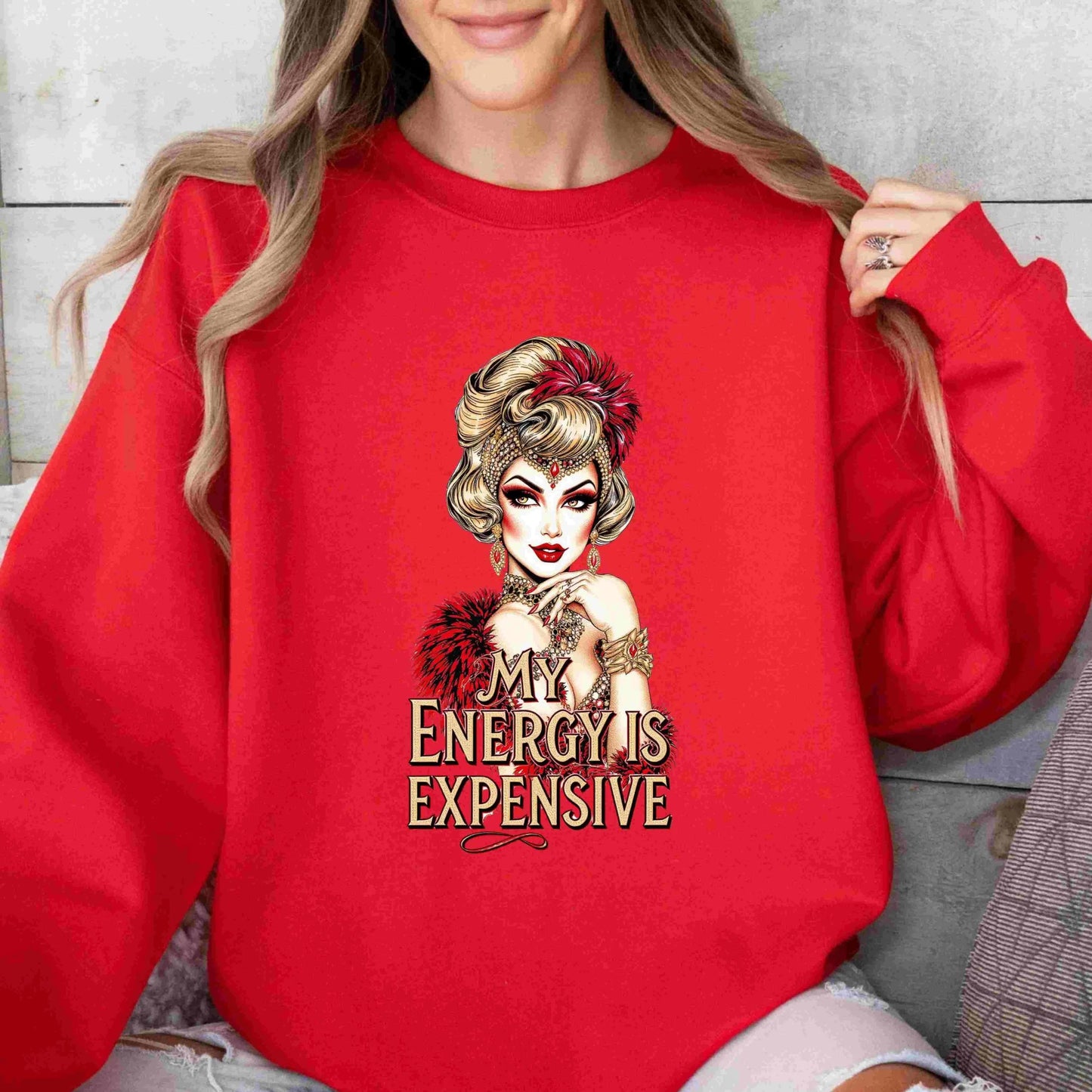 Vintage-inspired glam woman illustration with red feathers and jewels, featuring the quote “My Energy Is Expensive” — digital PNG download