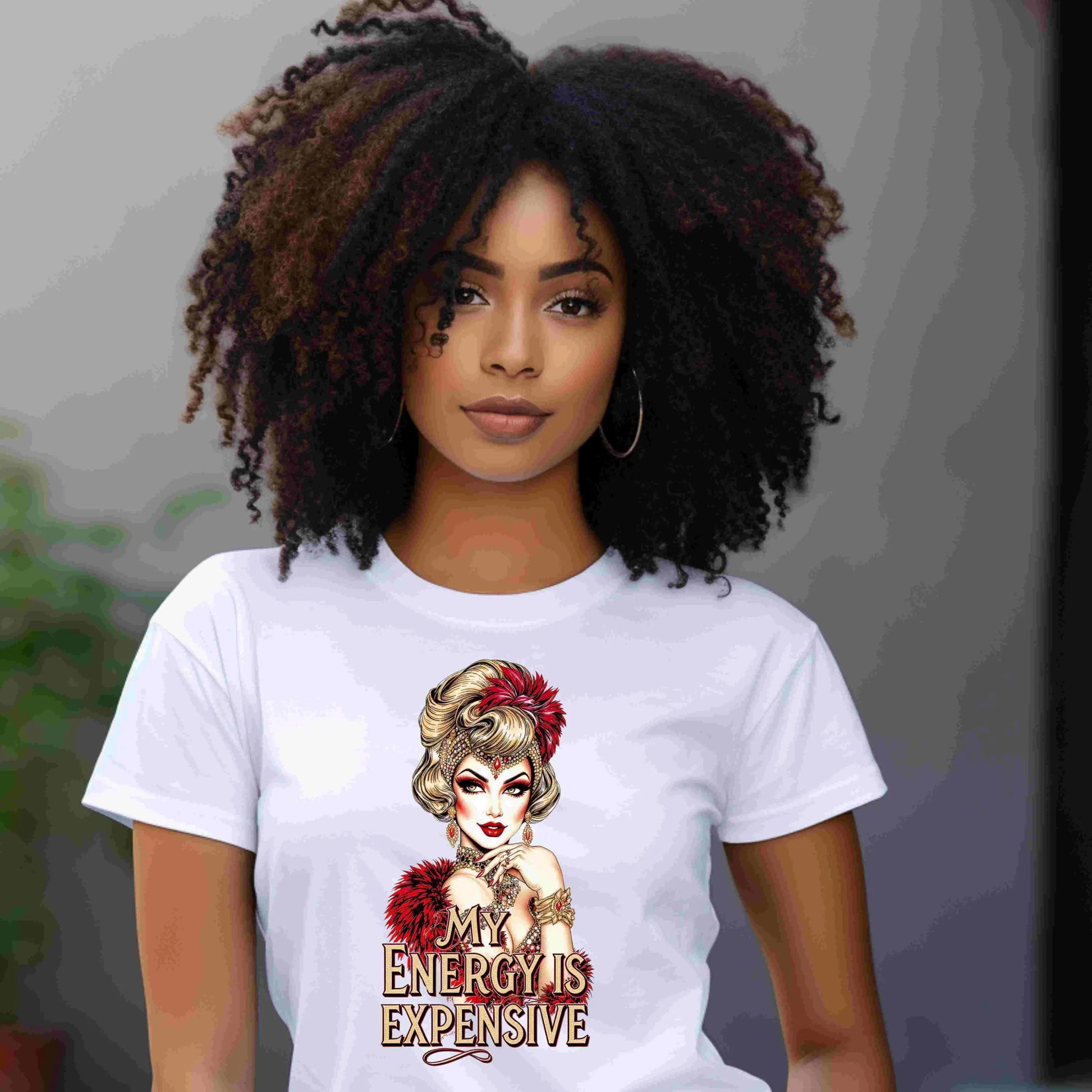 Vintage-inspired glam woman illustration with red feathers and jewels, featuring the quote “My Energy Is Expensive” — digital PNG download