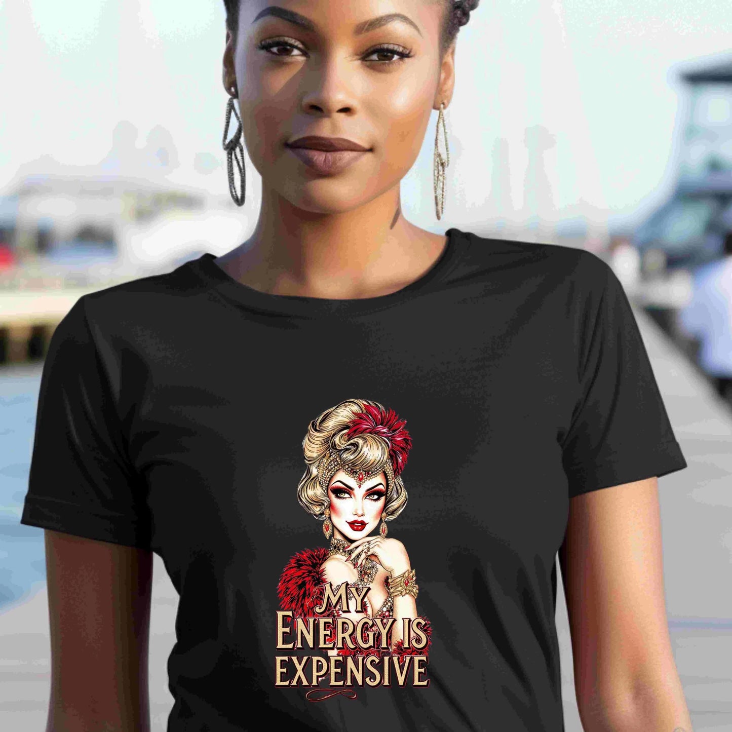 Vintage-inspired glam woman illustration with red feathers and jewels, featuring the quote “My Energy Is Expensive” — digital PNG download