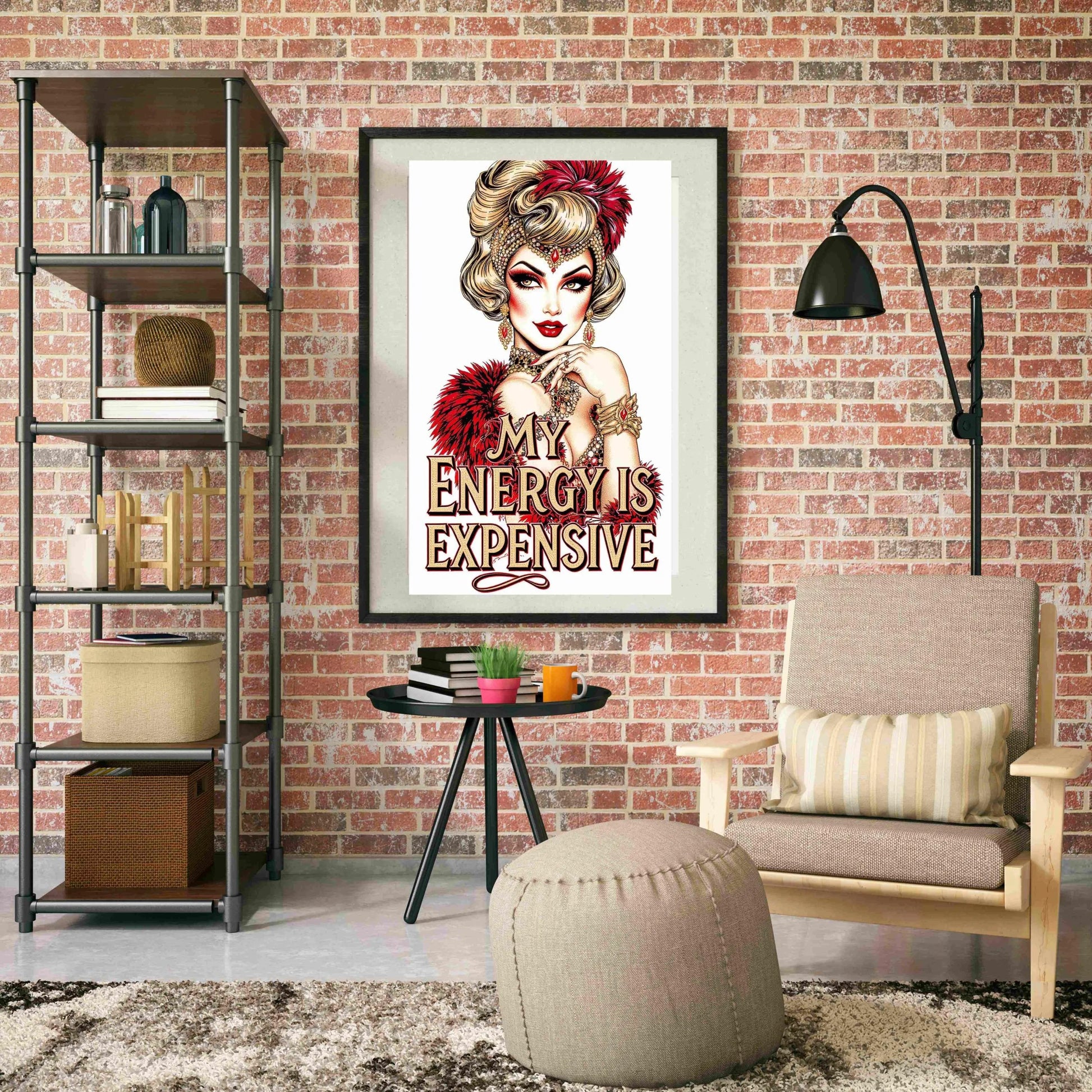 Vintage-inspired glam woman illustration with red feathers and jewels, featuring the quote “My Energy Is Expensive” — digital PNG download