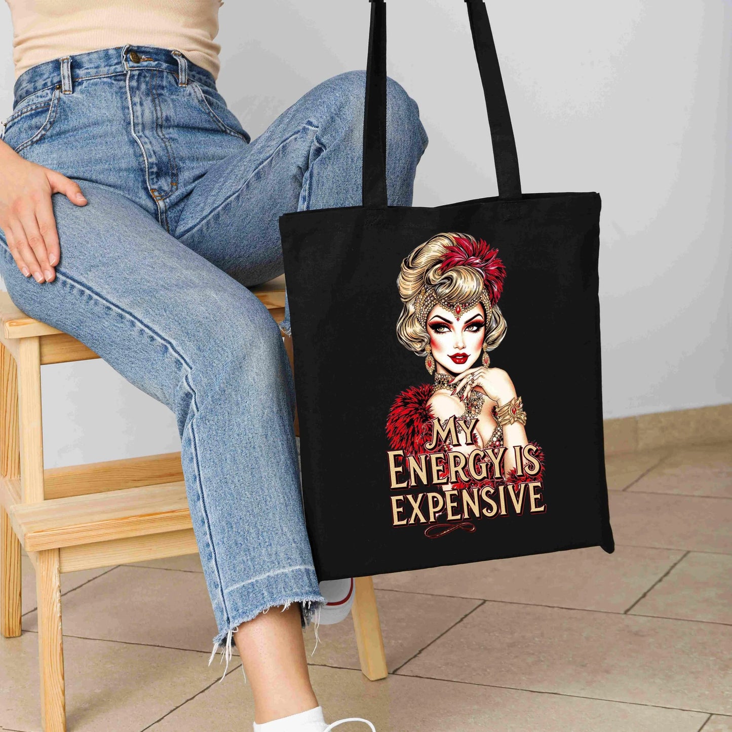 Vintage-inspired glam woman illustration with red feathers and jewels, featuring the quote “My Energy Is Expensive” — digital PNG download