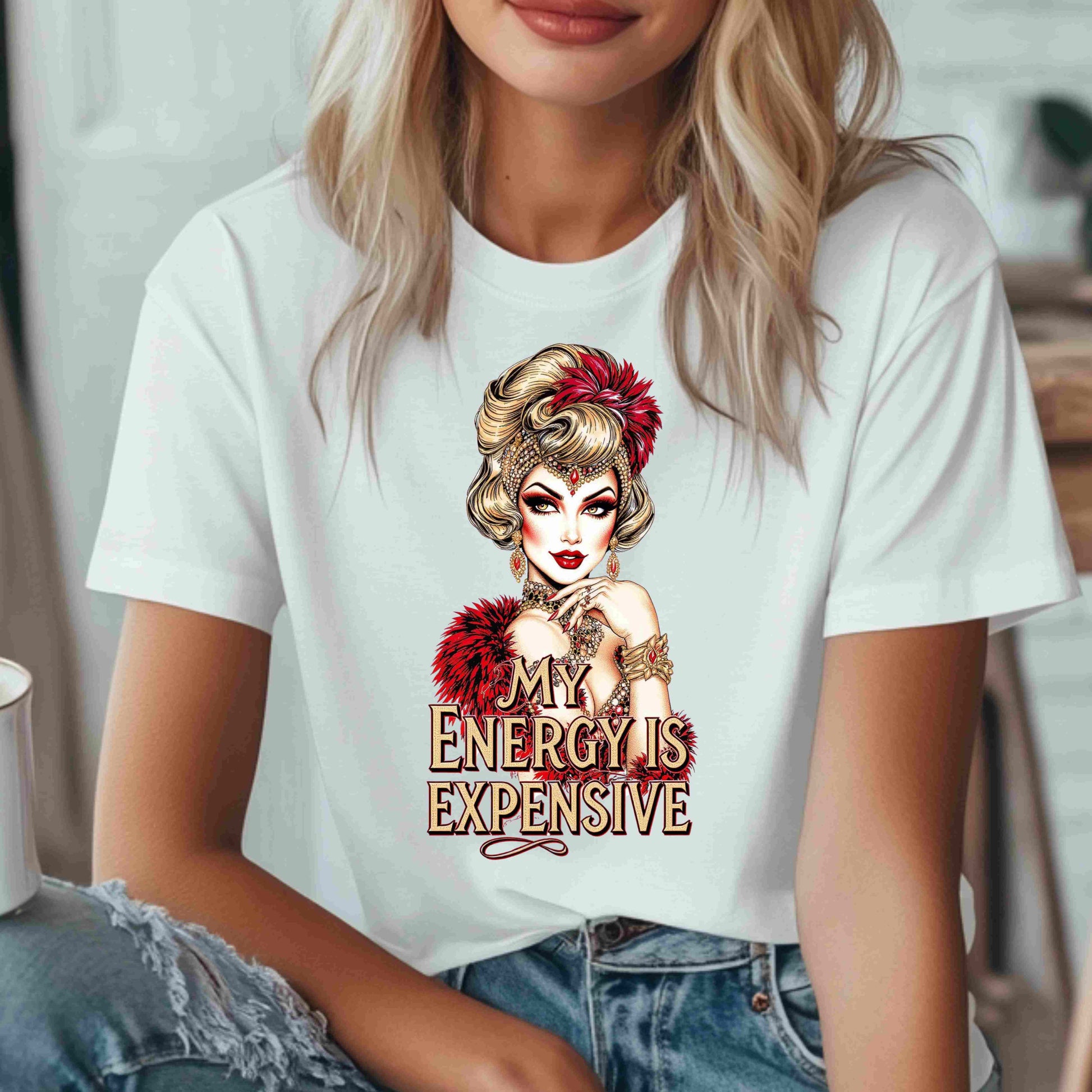 Vintage-inspired glam woman illustration with red feathers and jewels, featuring the quote “My Energy Is Expensive” — digital PNG download