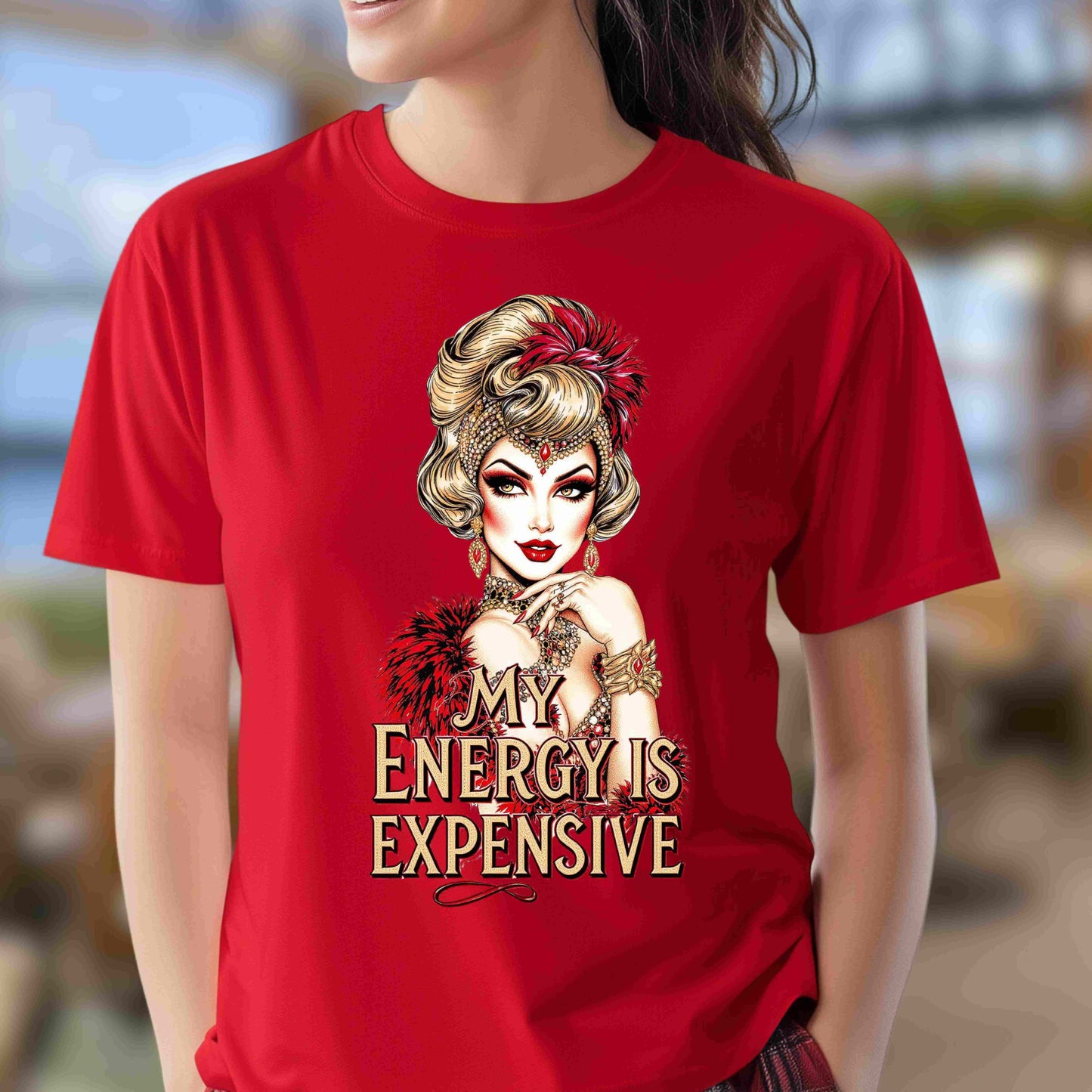 Vintage-inspired glam woman illustration with red feathers and jewels, featuring the quote “My Energy Is Expensive” — digital PNG download