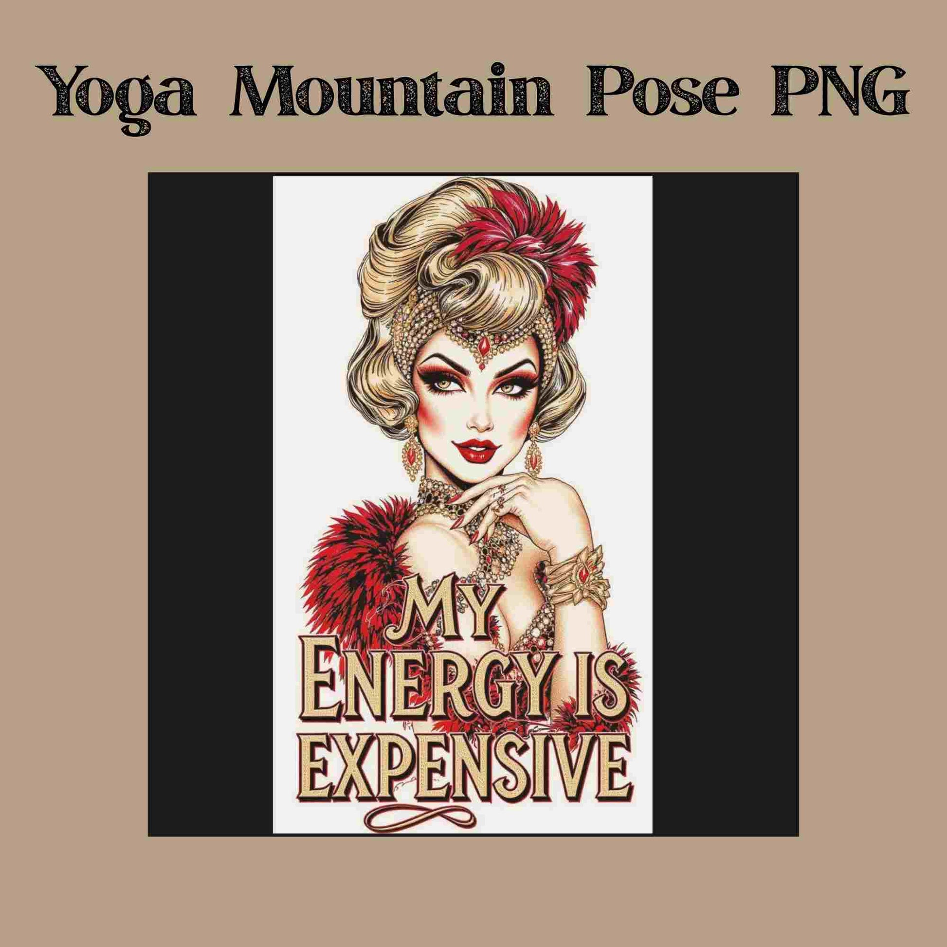 Vintage-inspired glam woman illustration with red feathers and jewels, featuring the quote “My Energy Is Expensive” — digital PNG download