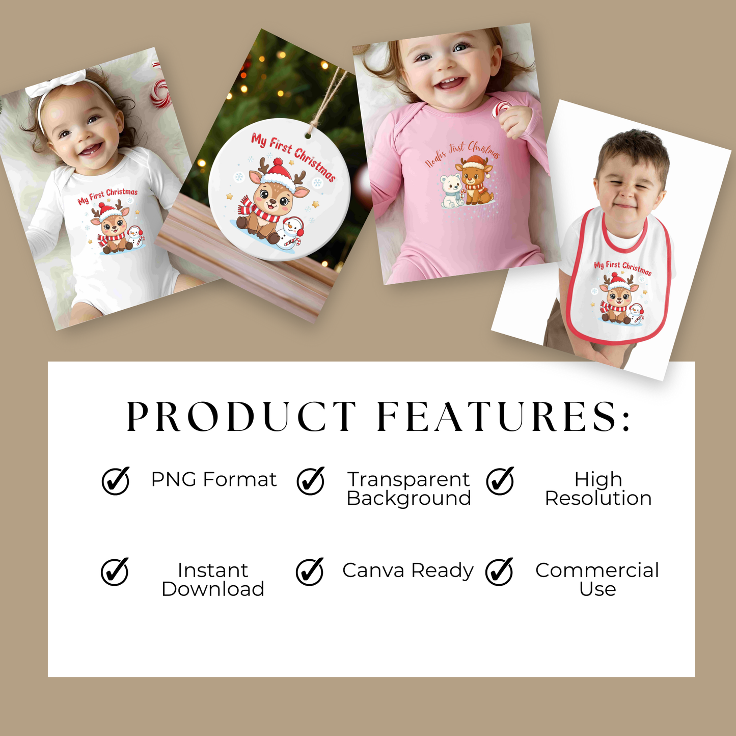 My First Christmas PNG Bundle • 5 Digital Designs • Personalized Reindeer & Polar Bear Clipart