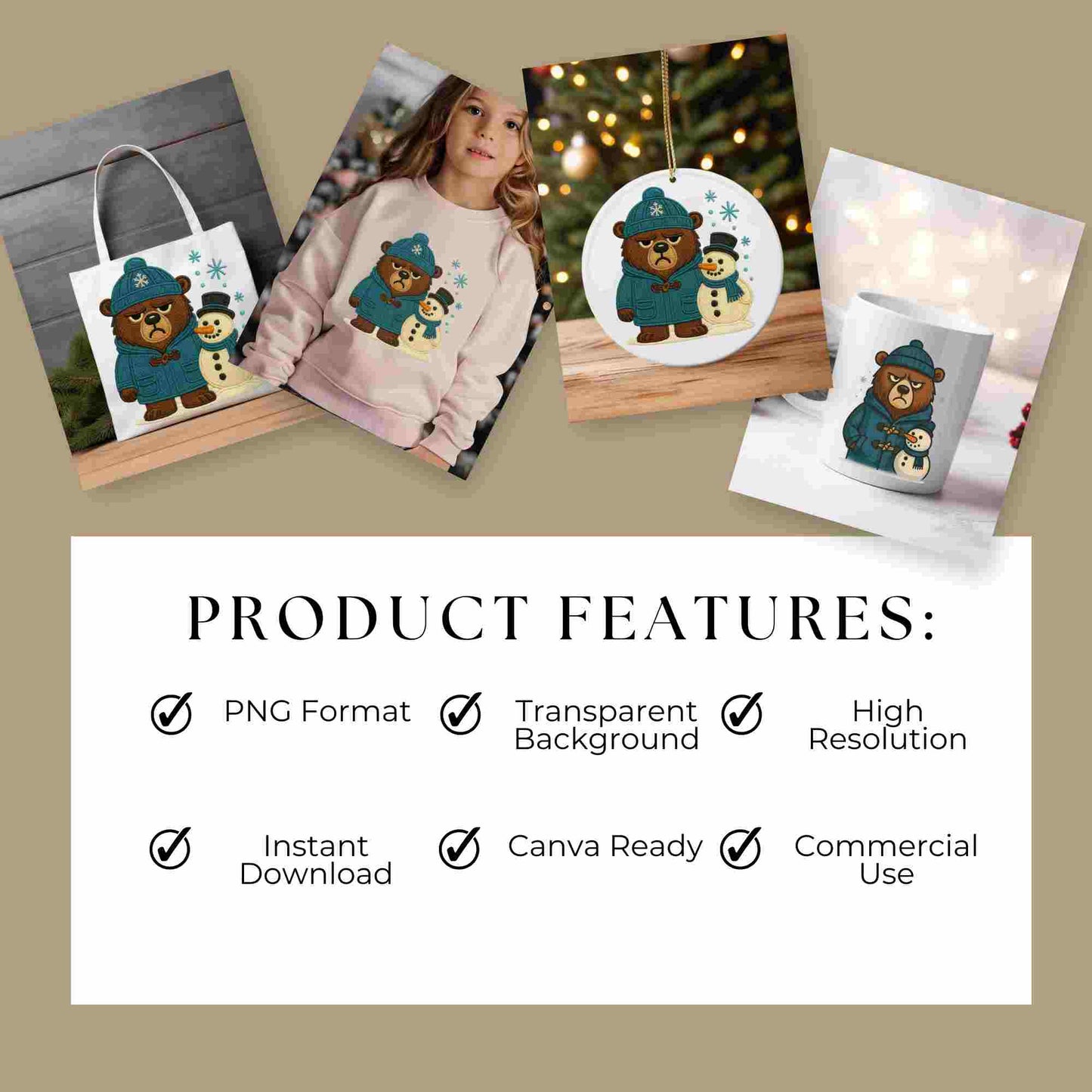 Grumpy Bear PNG Bundle – 5 Cute Winter Bear Clipart Files | Digital Download for Sublimation, T-Shirts, Mugs, Stickers, and More