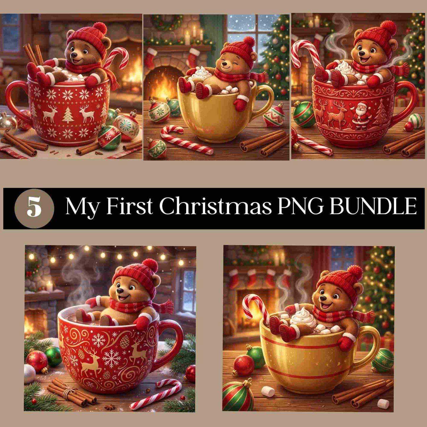 Christmas Bear Mug Clipart Bundle – 5 PNGs