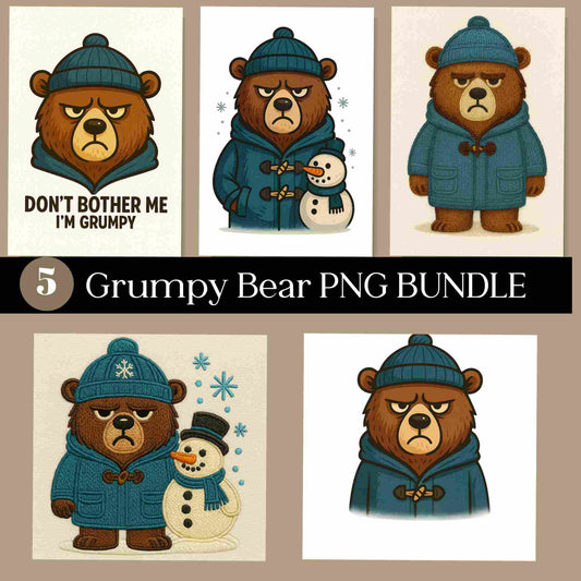Grumpy Bear PNG Bundle – 5 Cute Winter Bear Clipart Files | Digital Download for Sublimation, T-Shirts, Mugs, Stickers, and More