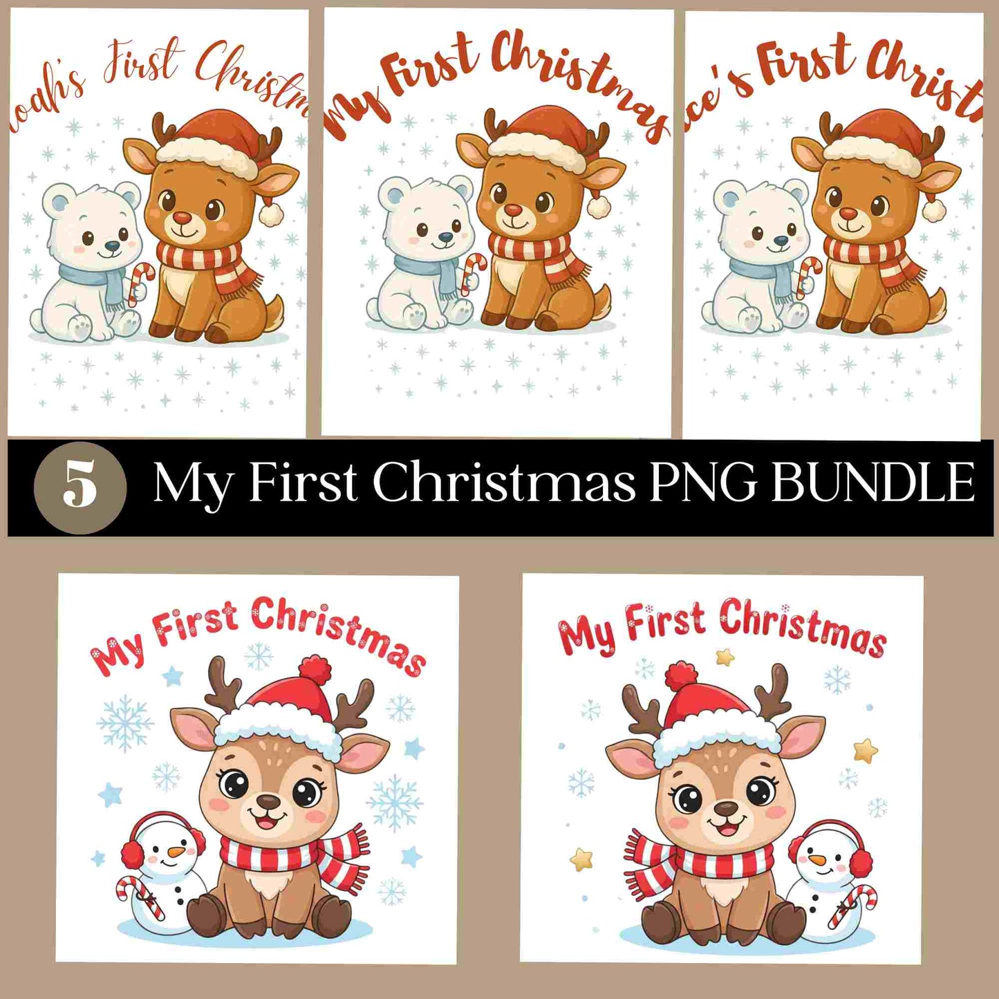 My First Christmas PNG Bundle • 5 Digital Designs • Personalized Reindeer & Polar Bear Clipart