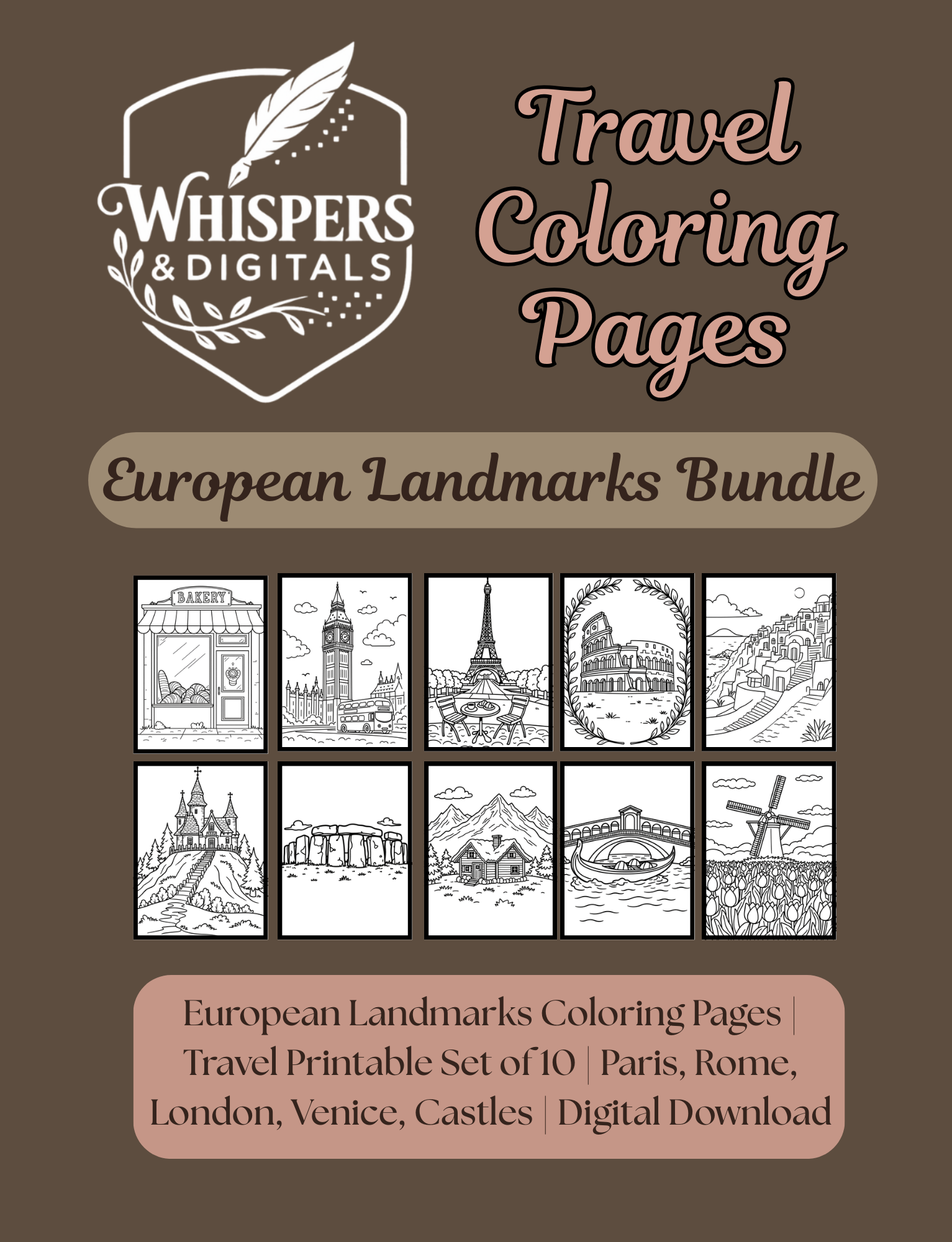 Ten printable European travel-themed coloring pages featuring landmarks, luggage, airplanes, and compass designs — digital download for travel lovers