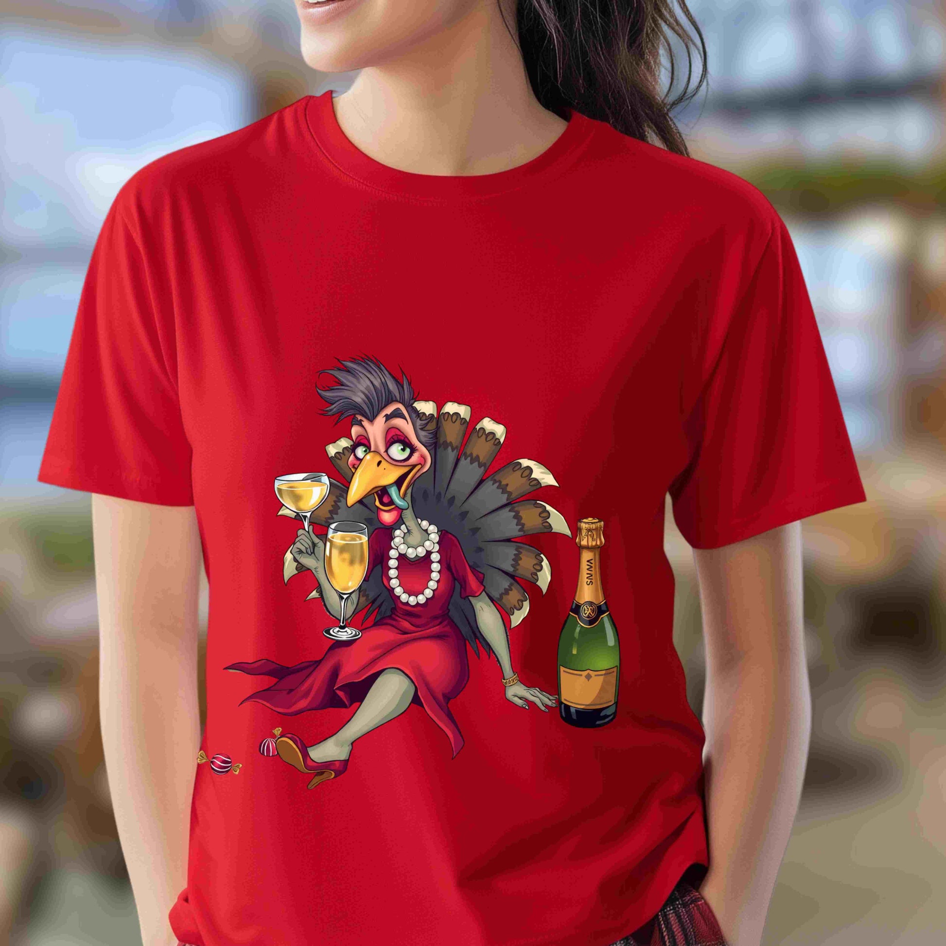 Funny glamorous turkey illustrations dressed in red dresses, holding champagne glasses, styled for Thanksgiving humor — digital PNG bundle download