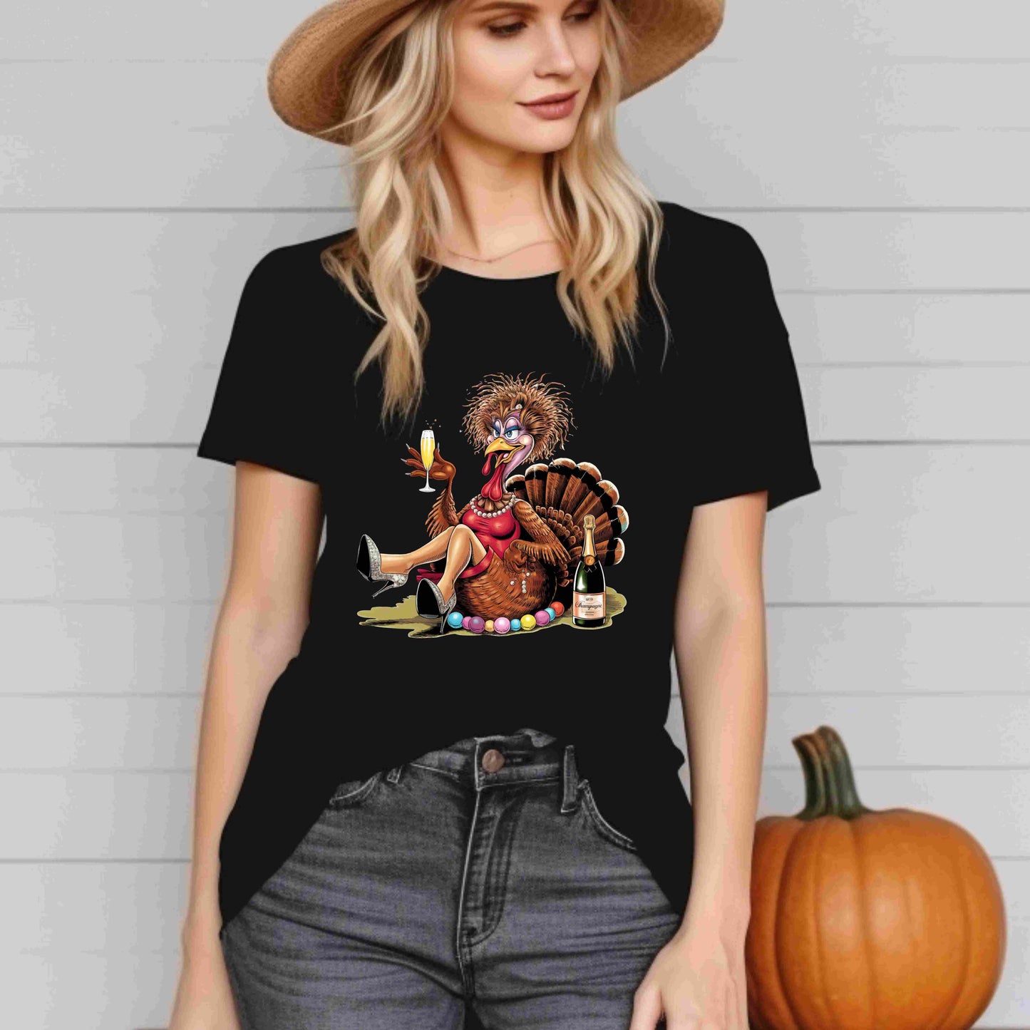 Funny glamorous turkey illustrations dressed in red dresses, holding champagne glasses, styled for Thanksgiving humor — digital PNG bundle download