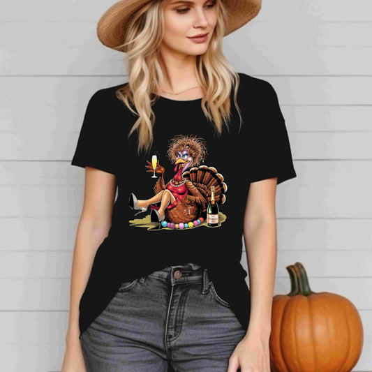 Funny glamorous turkey illustrations dressed in red dresses, holding champagne glasses, styled for Thanksgiving humor — digital PNG bundle download