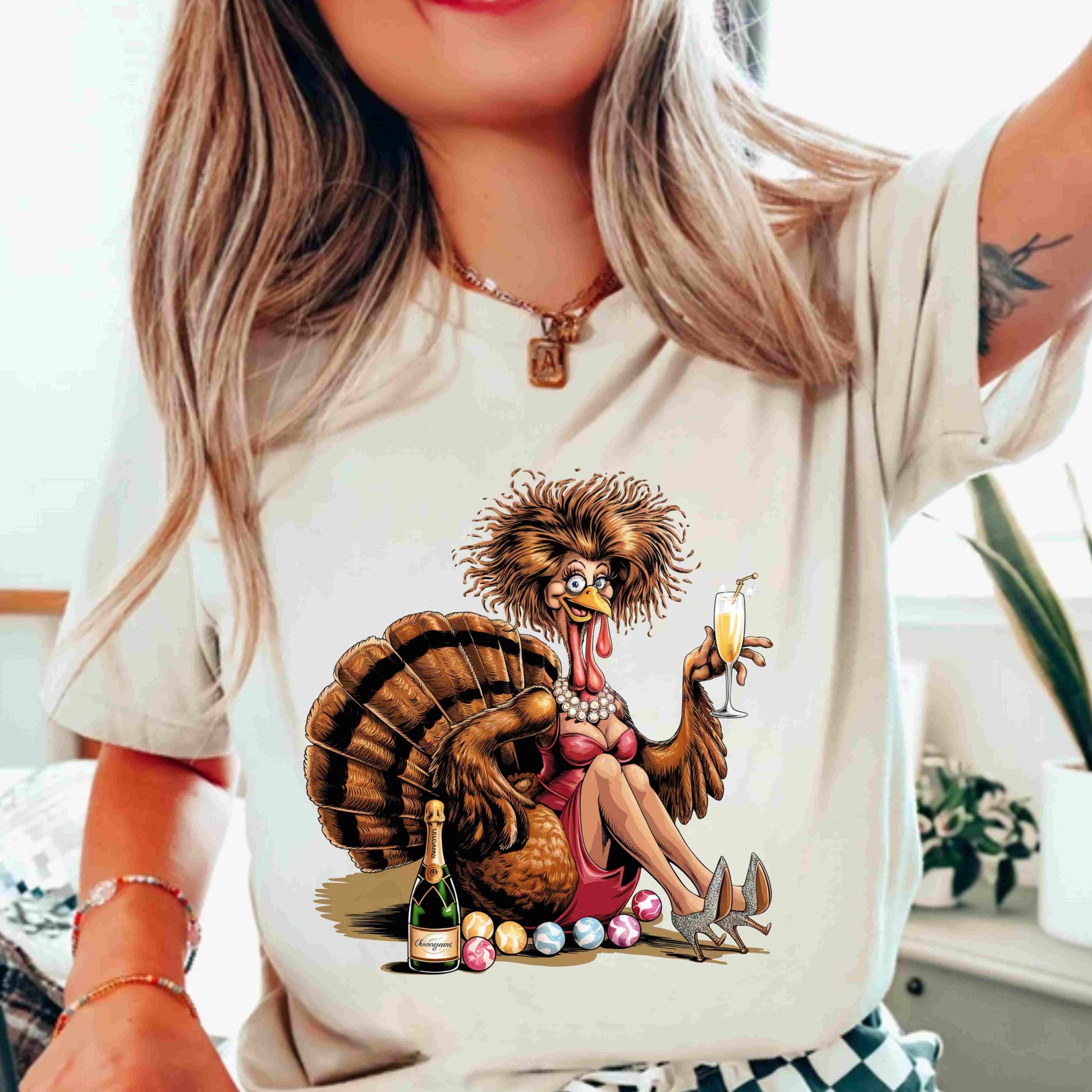 Funny glamorous turkey illustrations dressed in red dresses, holding champagne glasses, styled for Thanksgiving humor — digital PNG bundle download