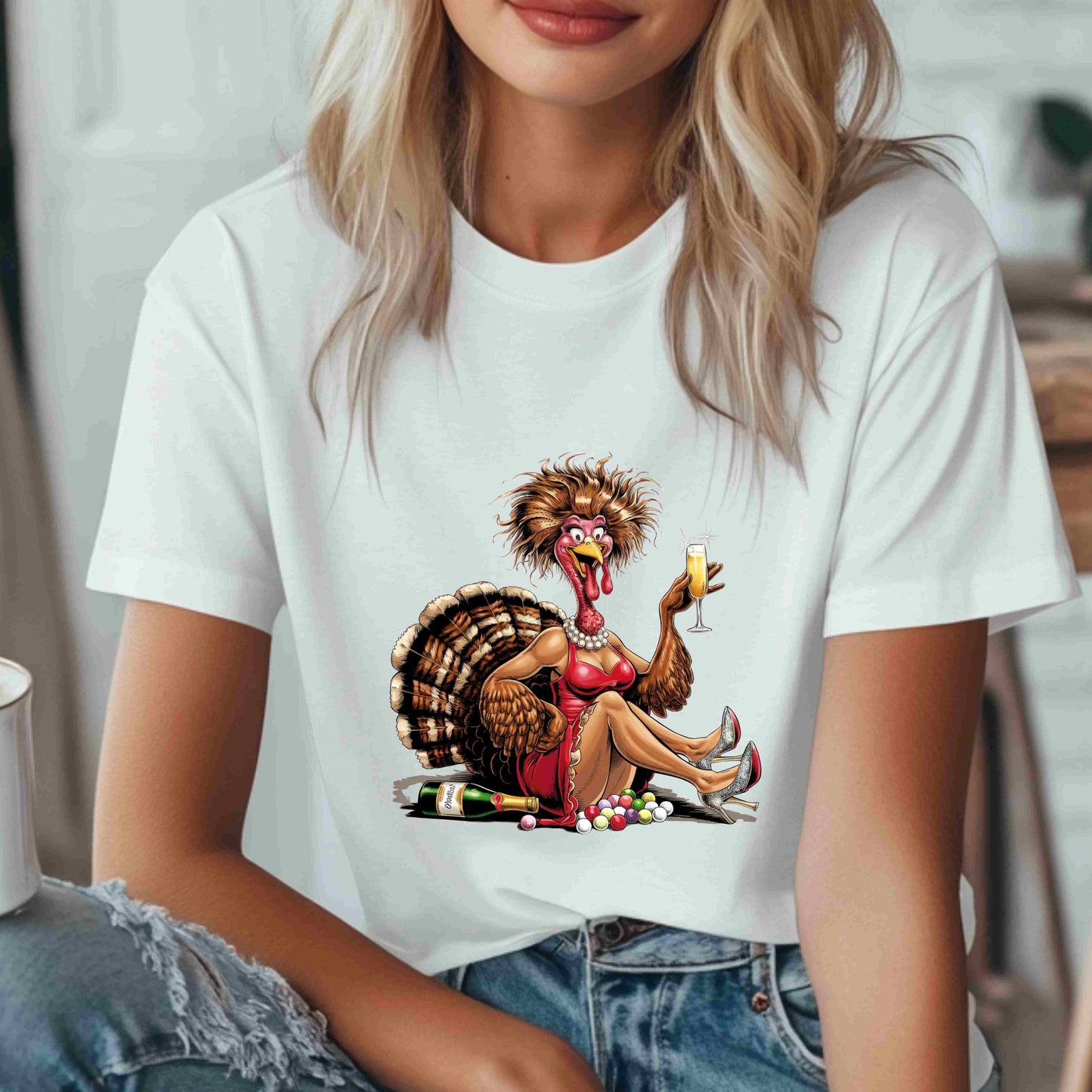 Funny glamorous turkey illustrations dressed in red dresses, holding champagne glasses, styled for Thanksgiving humor — digital PNG bundle download