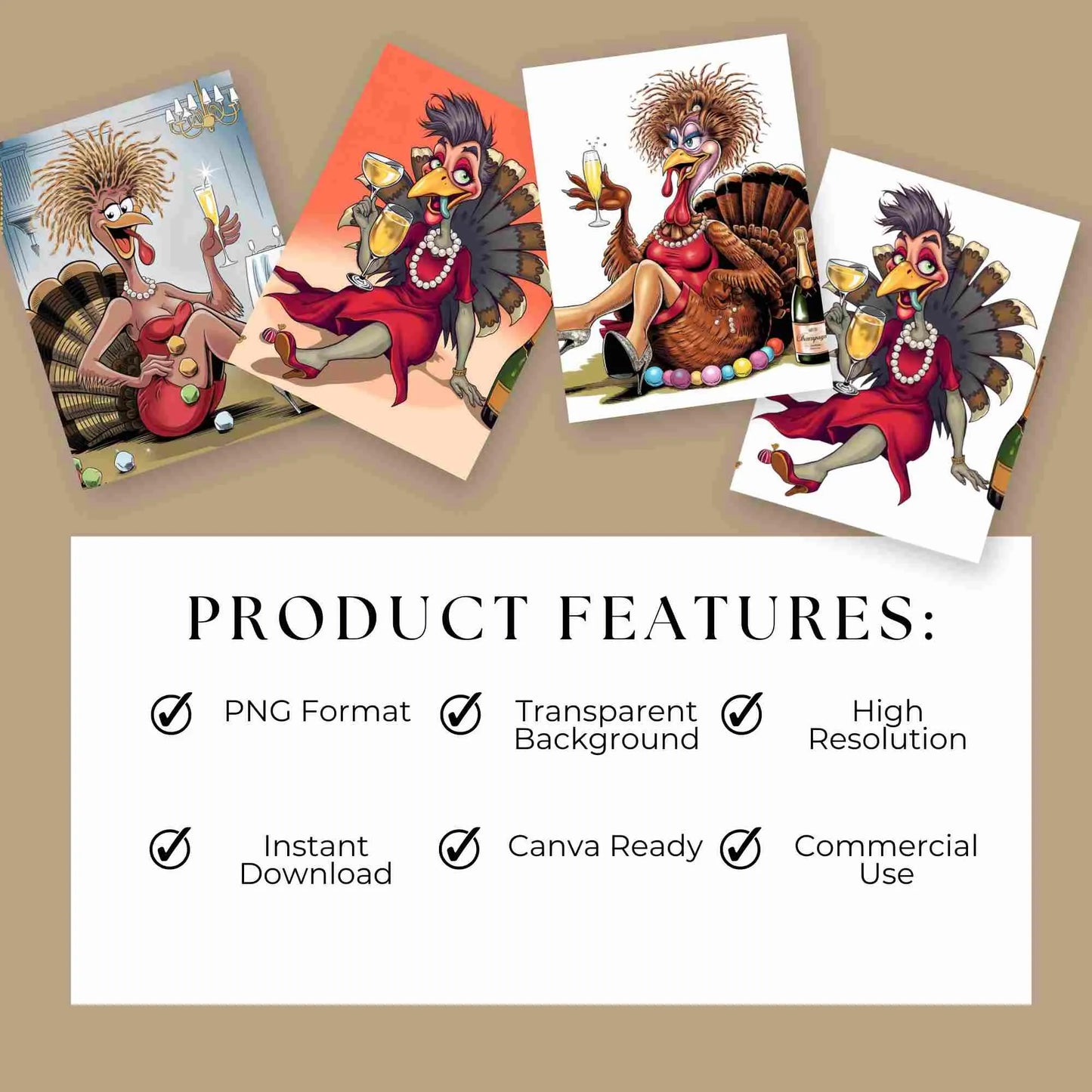 Funny glamorous turkey illustrations dressed in red dresses, holding champagne glasses, styled for Thanksgiving humor — digital PNG bundle download