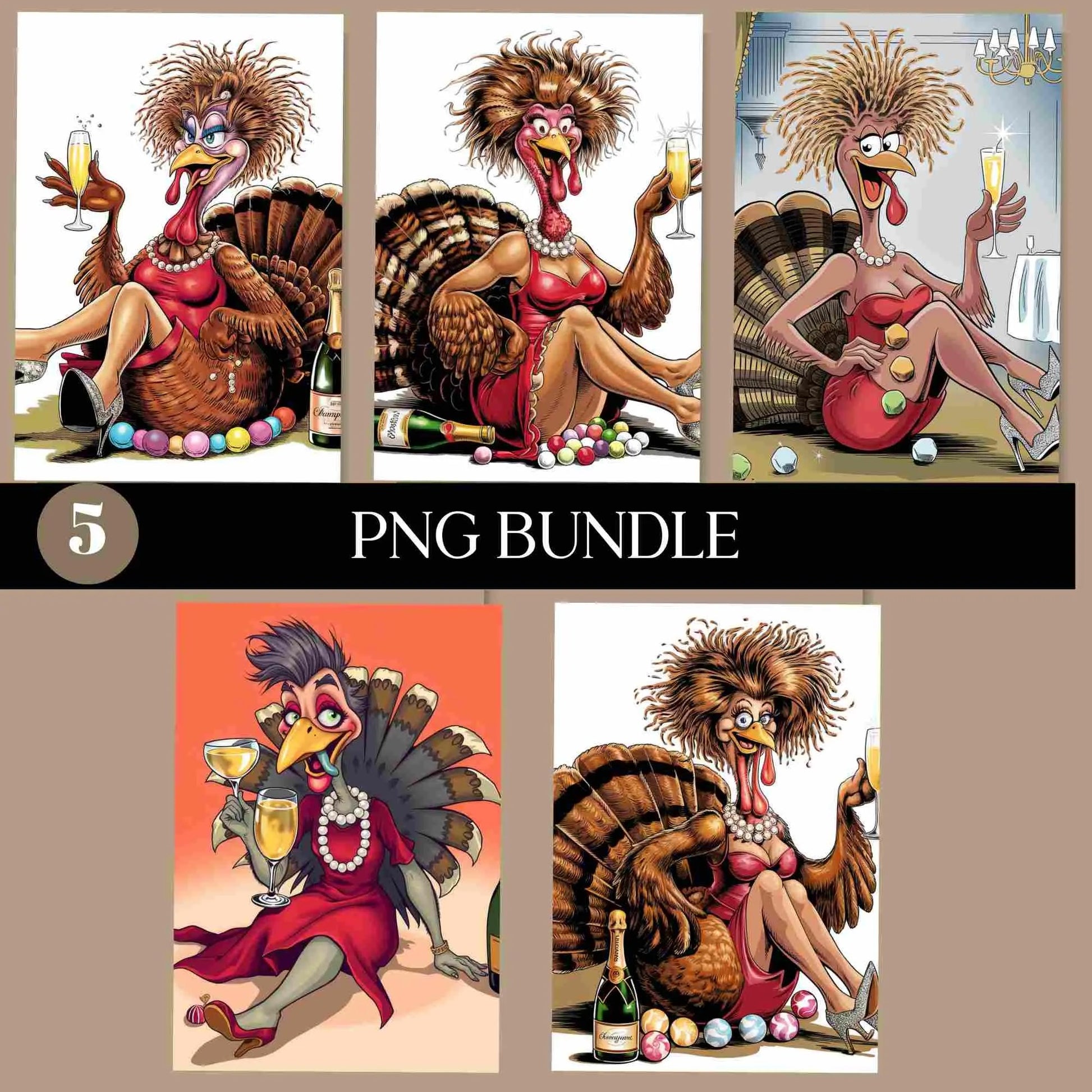 Funny glamorous turkey illustrations dressed in red dresses, holding champagne glasses, styled for Thanksgiving humor — digital PNG bundle download