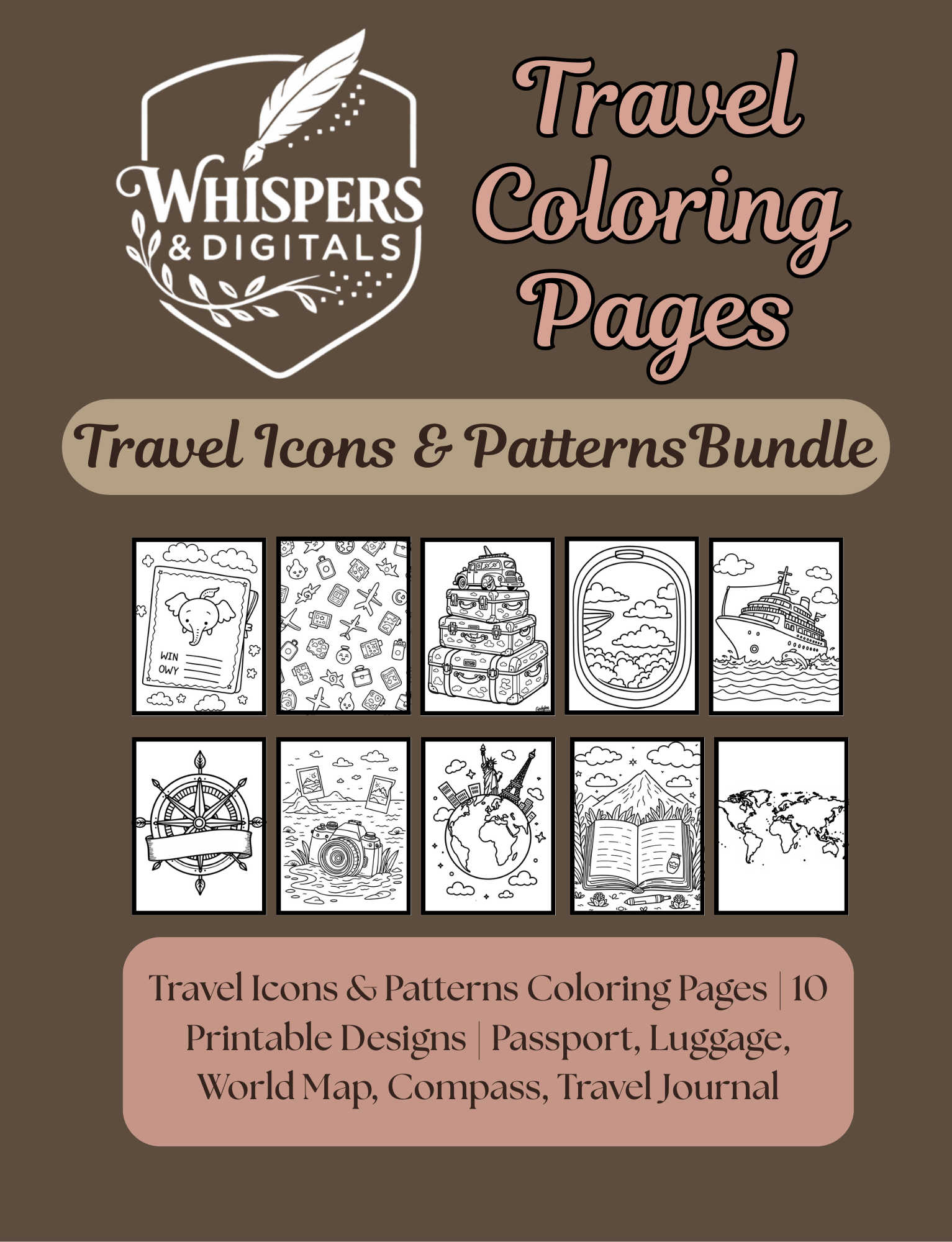 Ten printable travel icon and pattern coloring pages featuring airplanes, luggage, compasses, and travel doodles — digital download for travel lovers