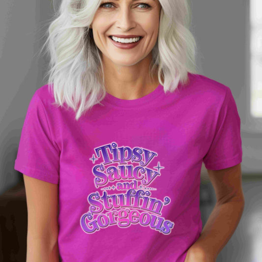 Four funny Thanksgiving quote PNGs reading “Tipsy, Saucy & Stuffin’ Gorgeous” in sparkly purple and pink styles — digital download bundle