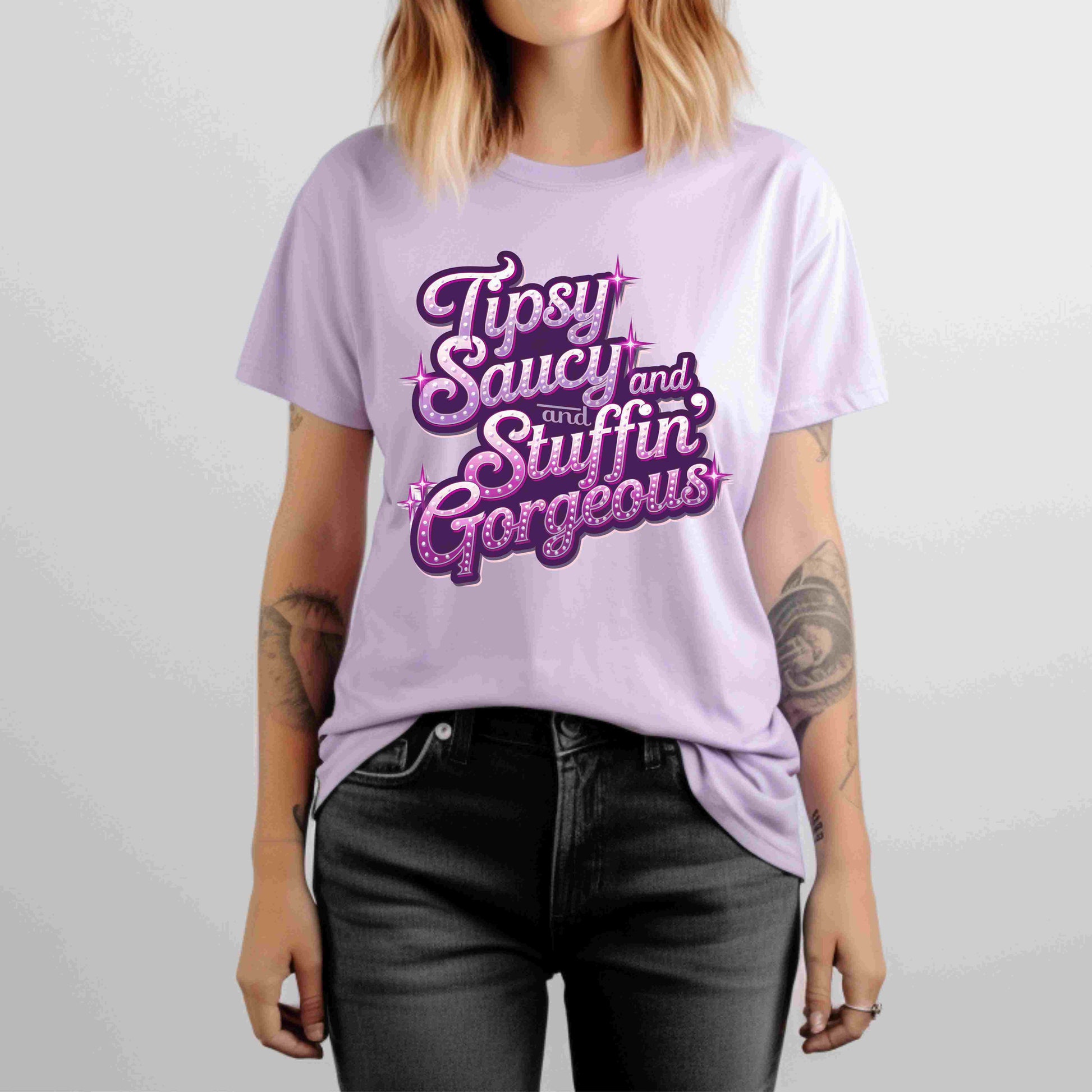 Four funny Thanksgiving quote PNGs reading “Tipsy, Saucy & Stuffin’ Gorgeous” in sparkly purple and pink styles — digital download bundle