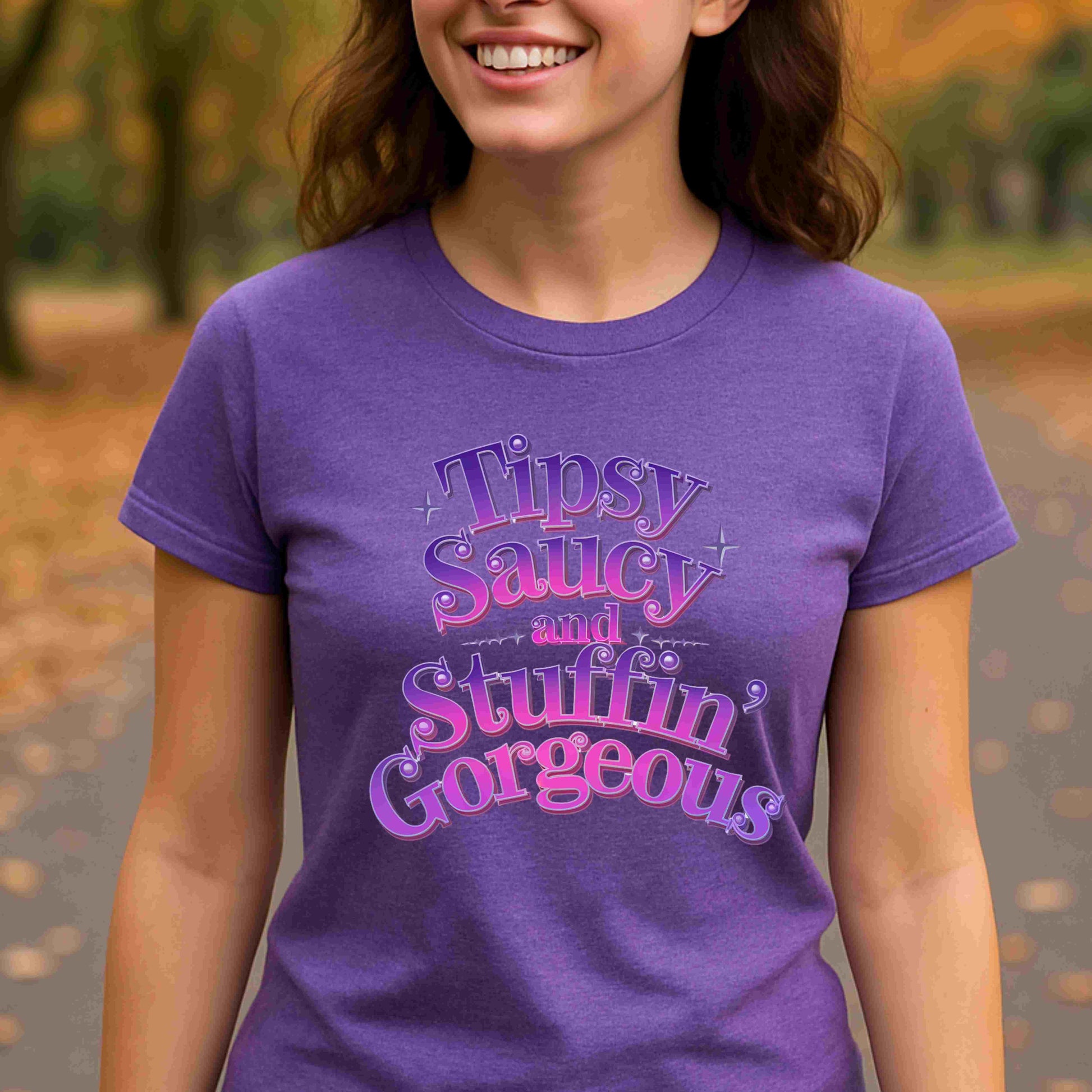 Four funny Thanksgiving quote PNGs reading “Tipsy, Saucy & Stuffin’ Gorgeous” in sparkly purple and pink styles — digital download bundle