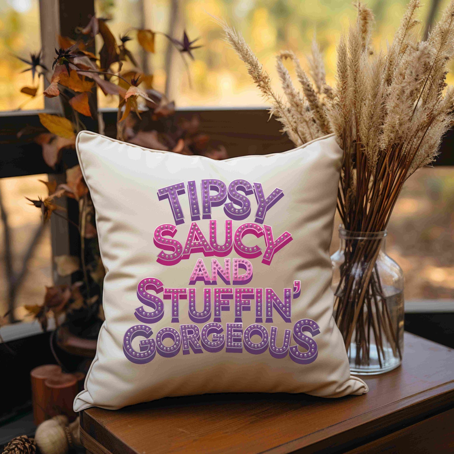 Four funny Thanksgiving quote PNGs reading “Tipsy, Saucy & Stuffin’ Gorgeous” in sparkly purple and pink styles — digital download bundle