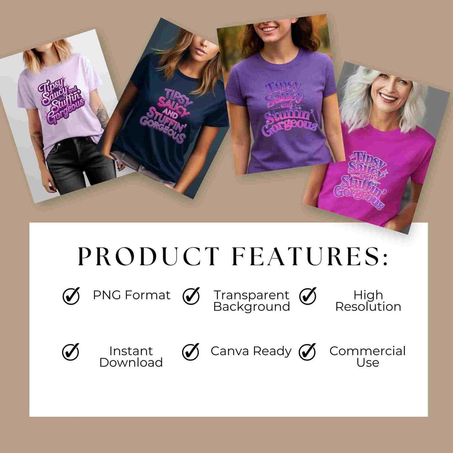 Four funny Thanksgiving quote PNGs reading “Tipsy, Saucy & Stuffin’ Gorgeous” in sparkly purple and pink styles — digital download bundle