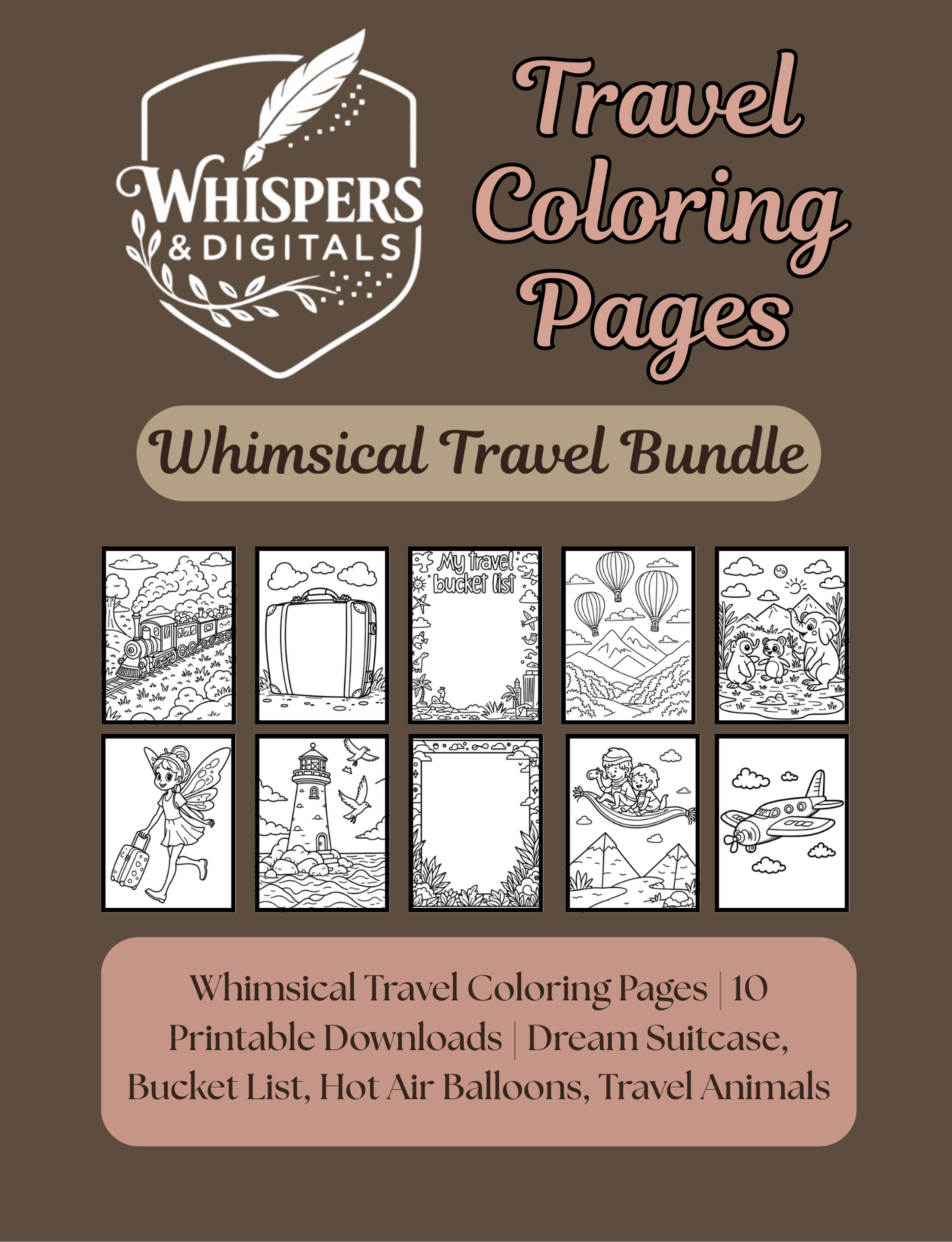 Ten whimsical travel-themed coloring pages featuring fairies, animals, hot air balloons, and suitcases — printable digital download
