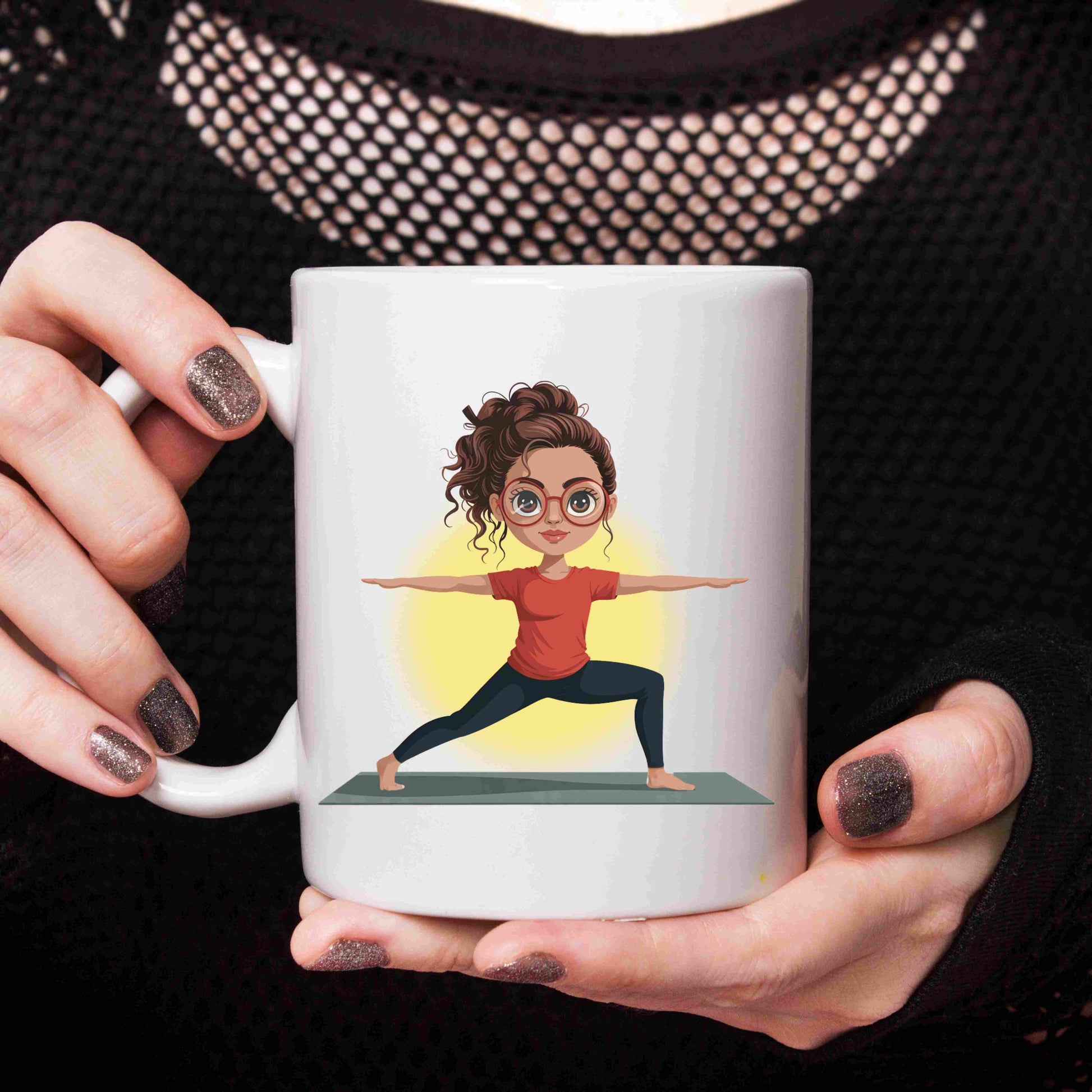 Cute redhead girl in warrior yoga pose wearing red shirt and glasses, digital PNG clipart for mindfulness, sublimation, and yoga decor