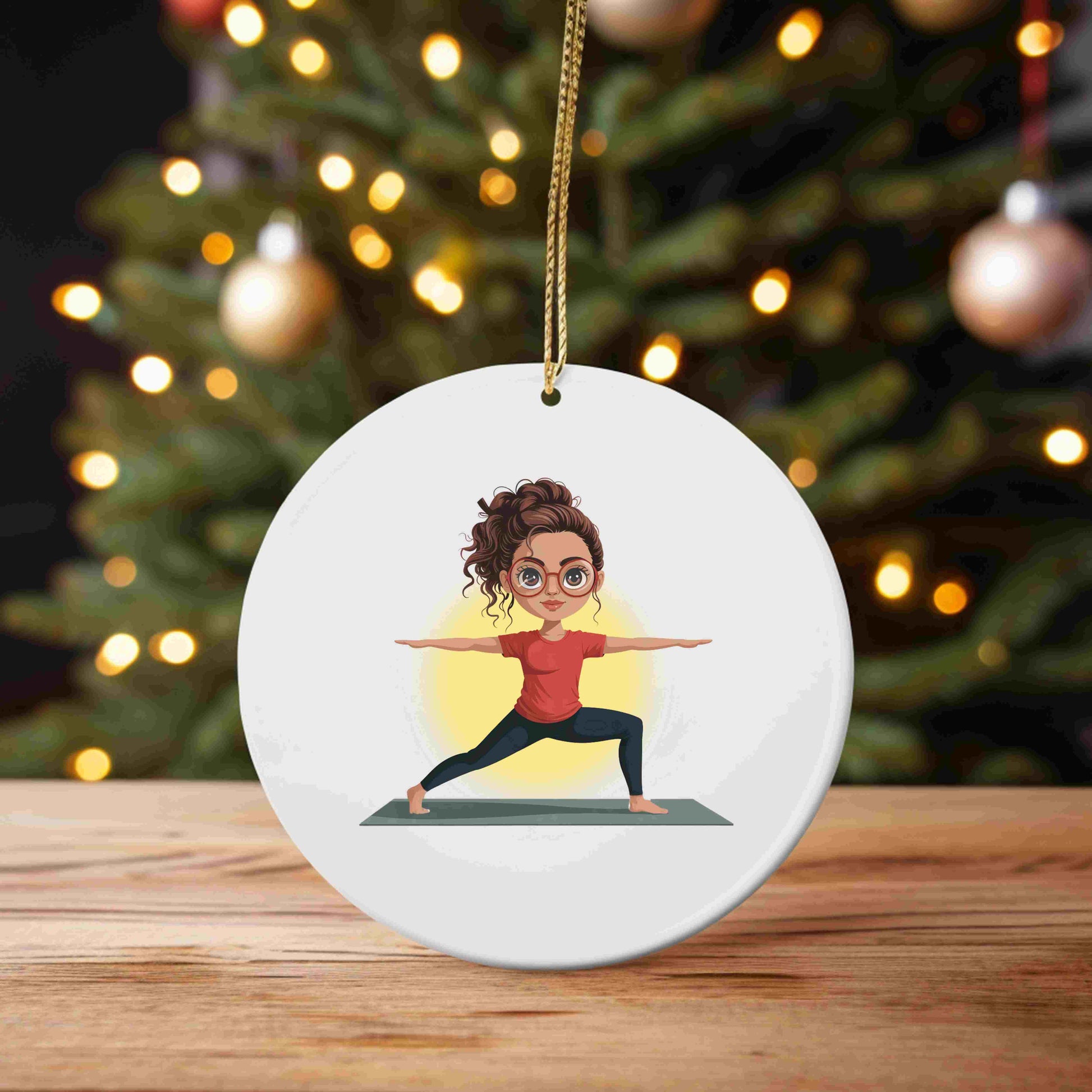 Cute redhead girl in warrior yoga pose wearing red shirt and glasses, digital PNG clipart for mindfulness, sublimation, and yoga decor
