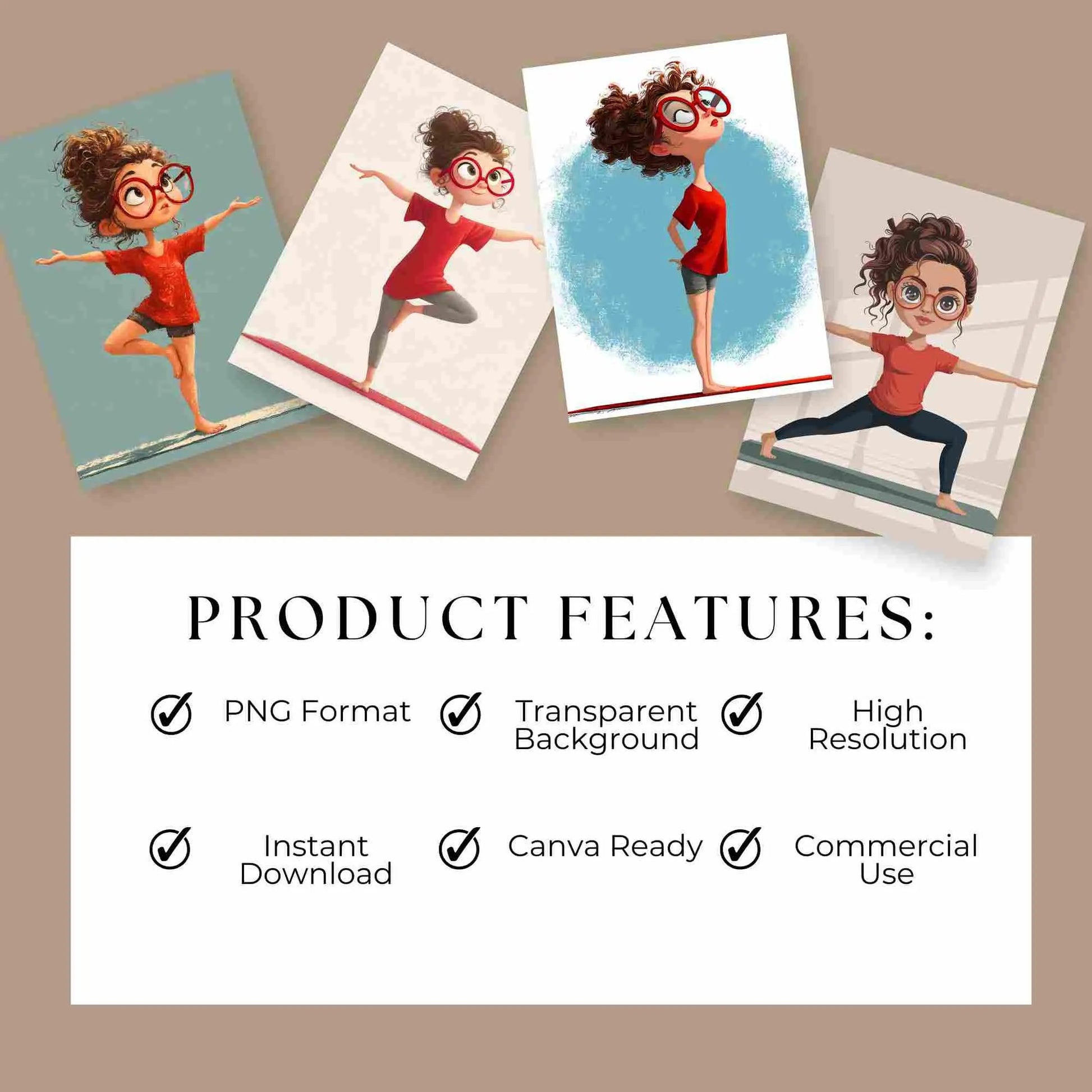 Five cute redhead girls in yoga poses wearing red shirts and glasses, digital PNG bundle for yoga, mindfulness, and sublimation projects