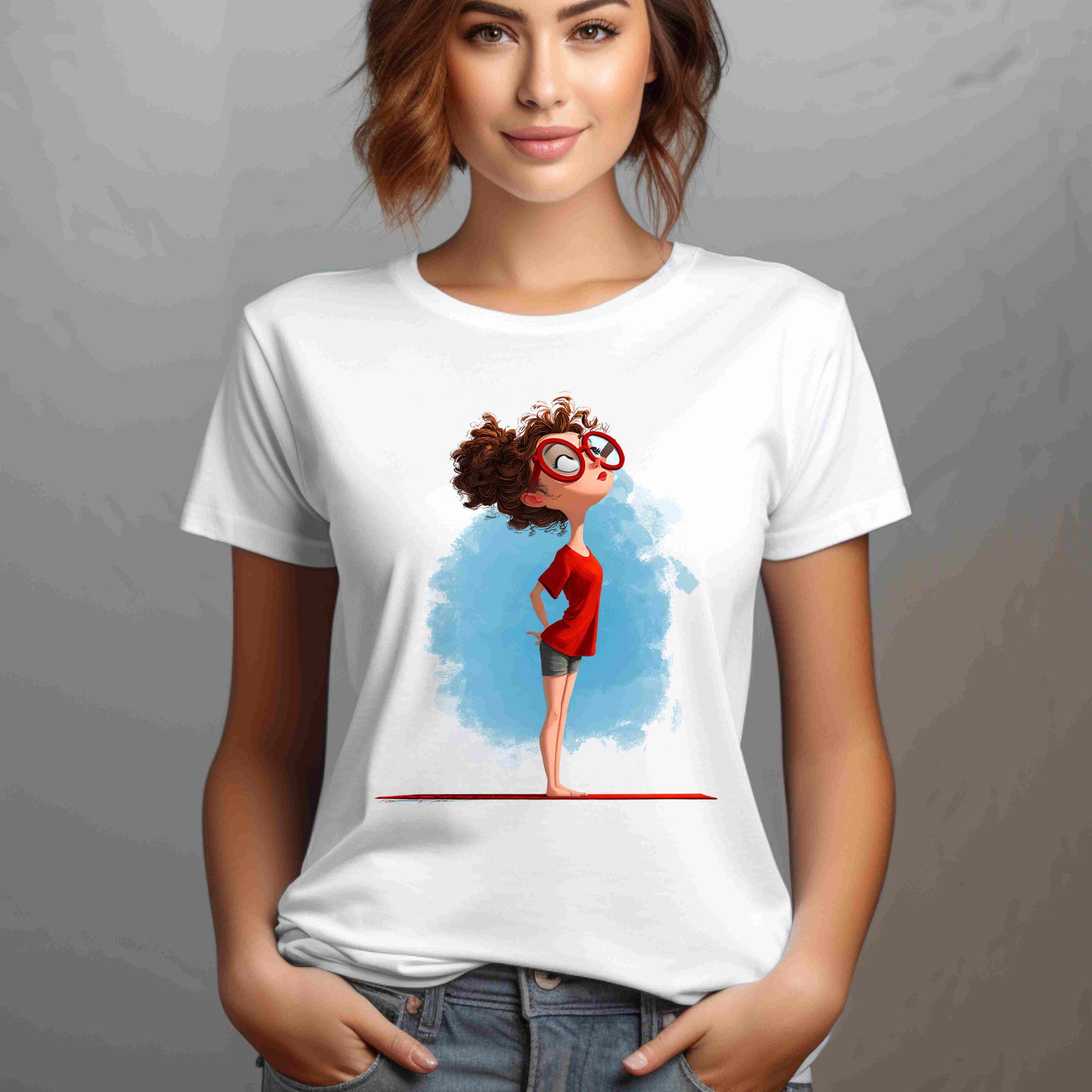 Five cute redhead girls in yoga poses wearing red shirts and glasses, digital PNG bundle for yoga, mindfulness, and sublimation projects