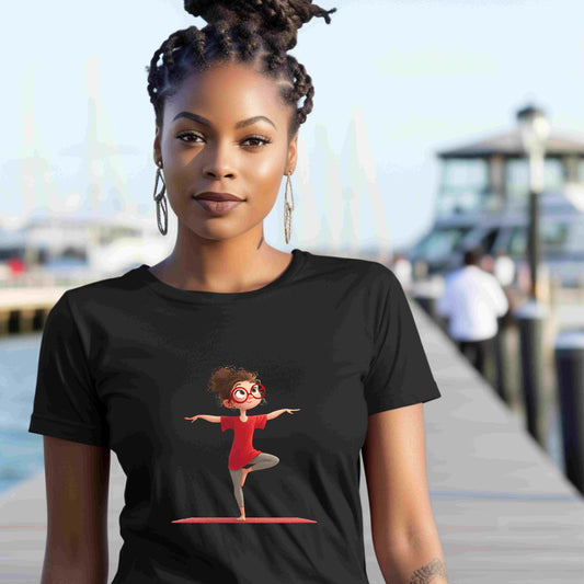 Redhead girl in yoga tree pose wearing red shirt and glasses, digital PNG clipart for mindfulness, yoga decor, and sublimation crafts
