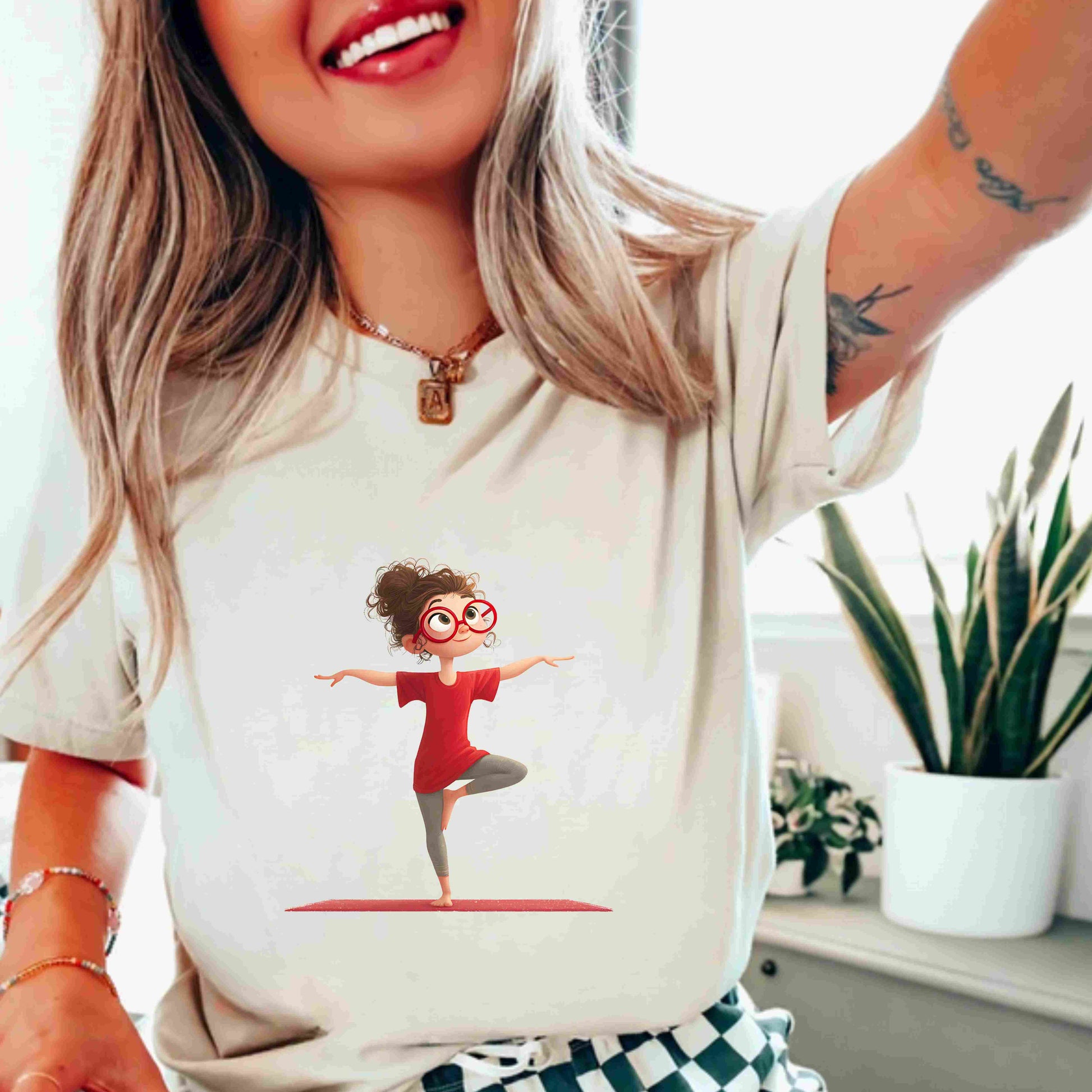 Redhead girl in yoga tree pose wearing red shirt and glasses, digital PNG clipart for mindfulness, yoga decor, and sublimation crafts