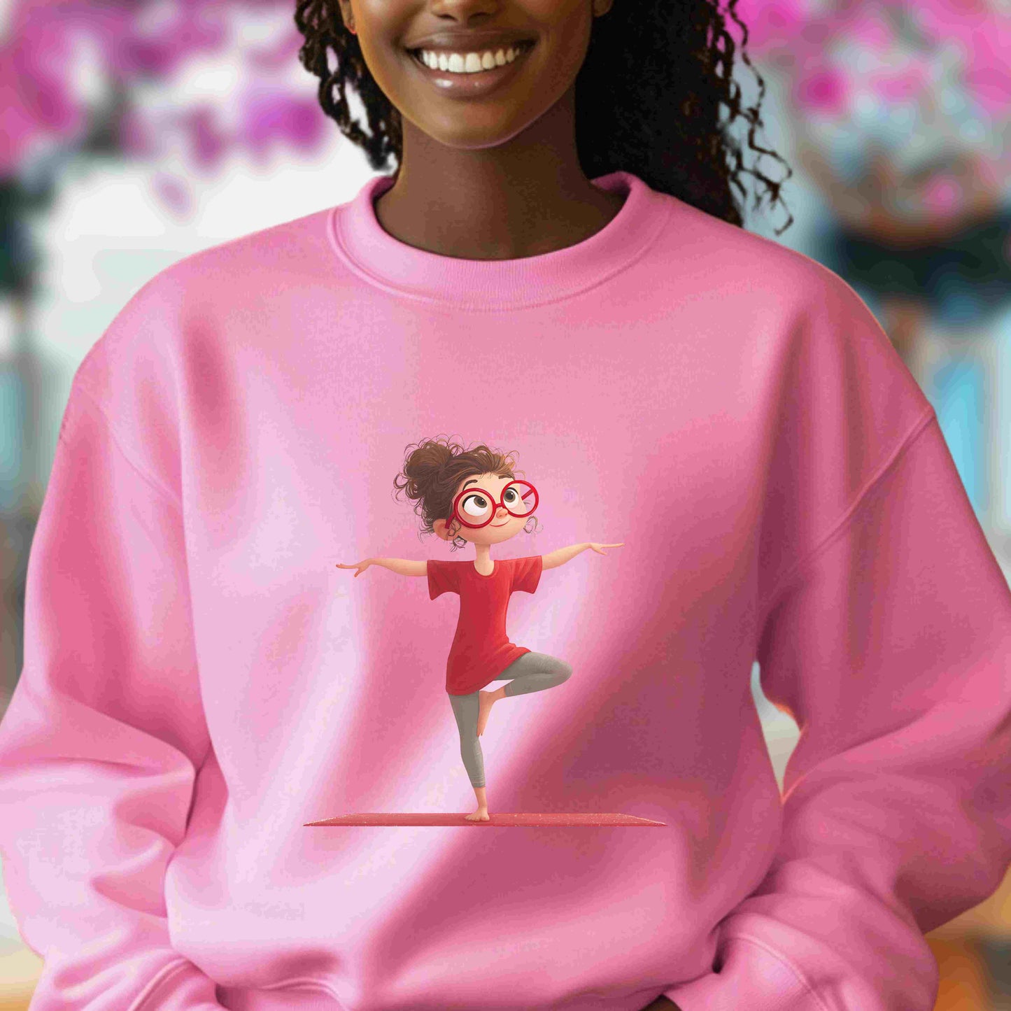 Redhead girl in yoga tree pose wearing red shirt and glasses, digital PNG clipart for mindfulness, yoga decor, and sublimation crafts