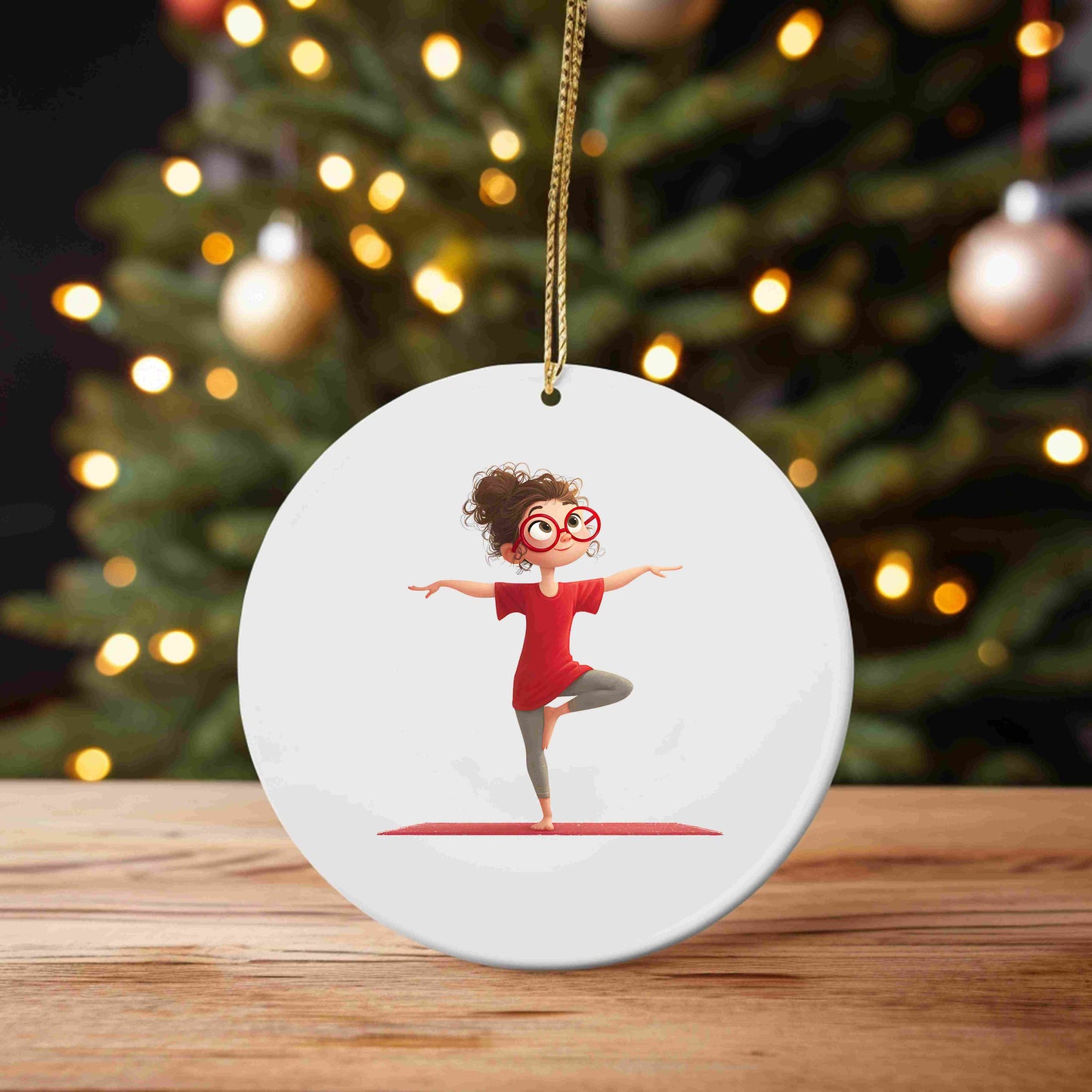 Redhead girl in yoga tree pose wearing red shirt and glasses, digital PNG clipart for mindfulness, yoga decor, and sublimation crafts