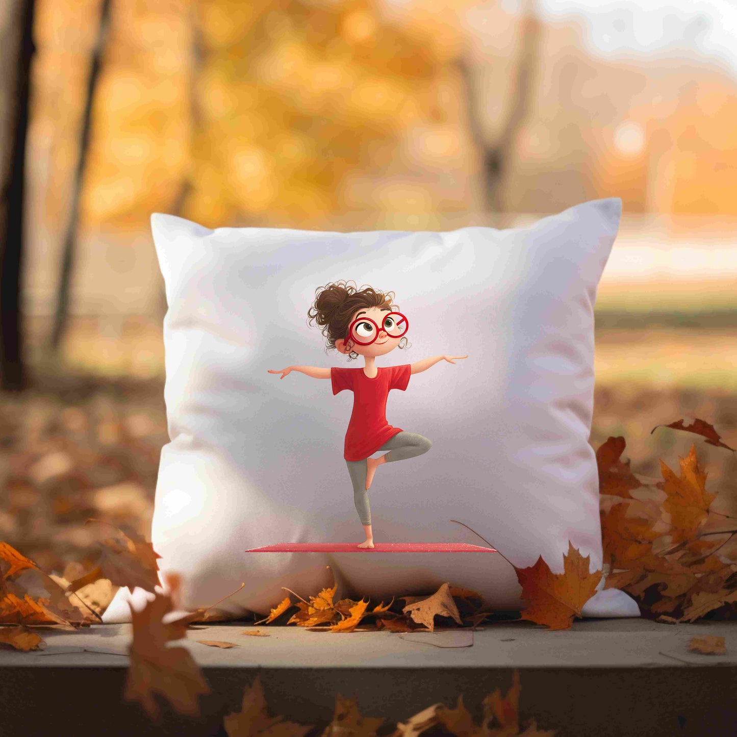 Redhead girl in yoga tree pose wearing red shirt and glasses, digital PNG clipart for mindfulness, yoga decor, and sublimation crafts