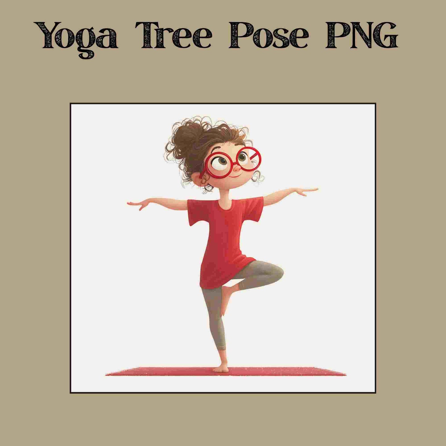 Redhead girl in yoga tree pose wearing red shirt and glasses, digital PNG clipart for mindfulness, yoga decor, and sublimation crafts