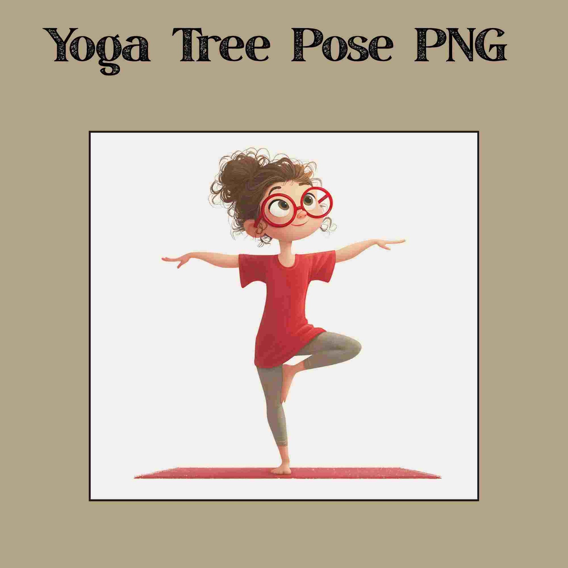 Redhead girl in yoga tree pose wearing red shirt and glasses, digital PNG clipart for mindfulness, yoga decor, and sublimation crafts