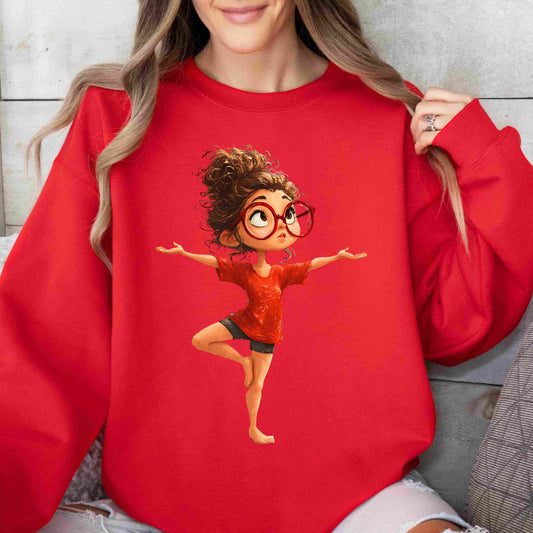 Cute redhead girl standing in yoga tree pose without mat, wearing red shirt and glasses, digital PNG for yoga clipart and mindfulness art