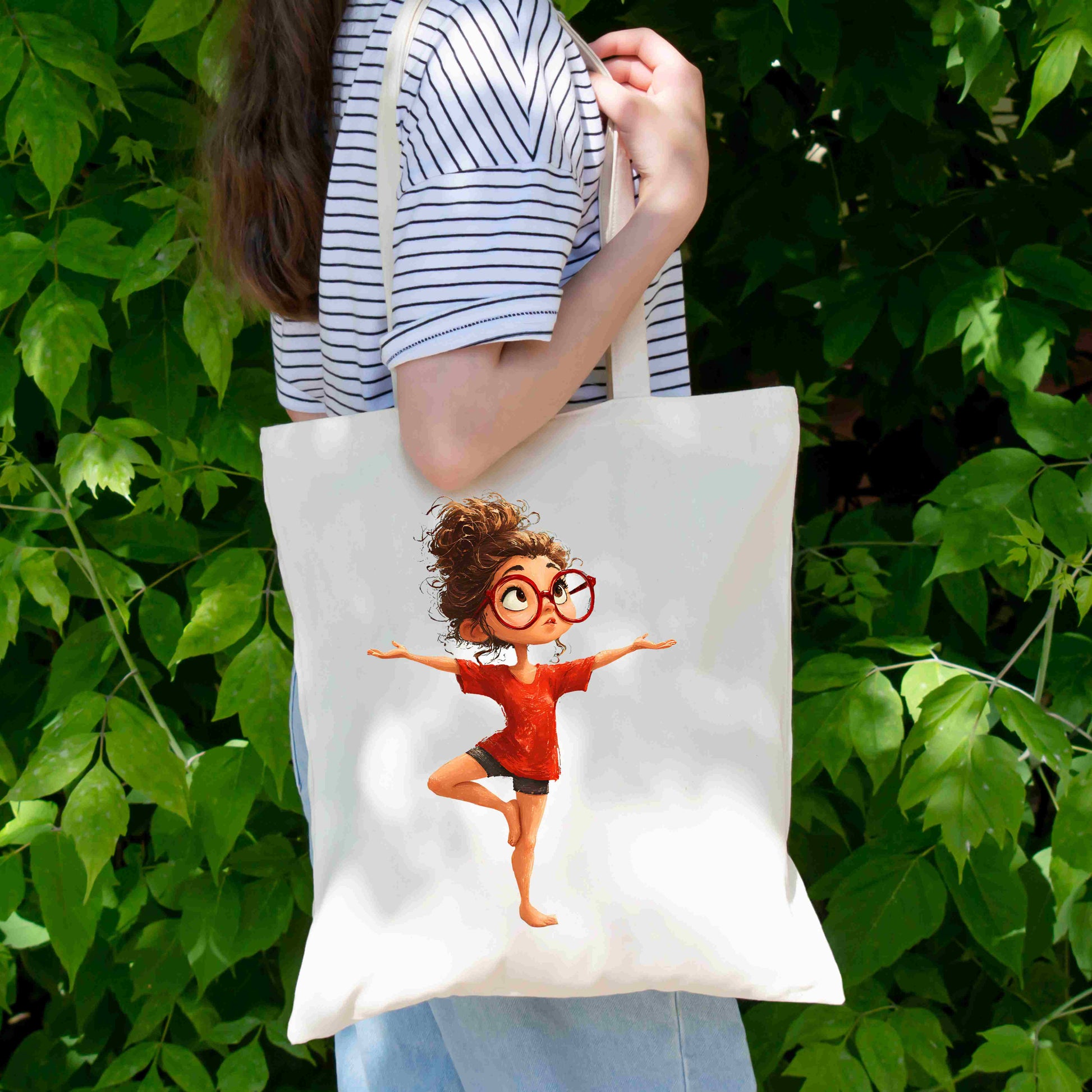 Cute redhead girl standing in yoga tree pose without mat, wearing red shirt and glasses, digital PNG for yoga clipart and mindfulness art