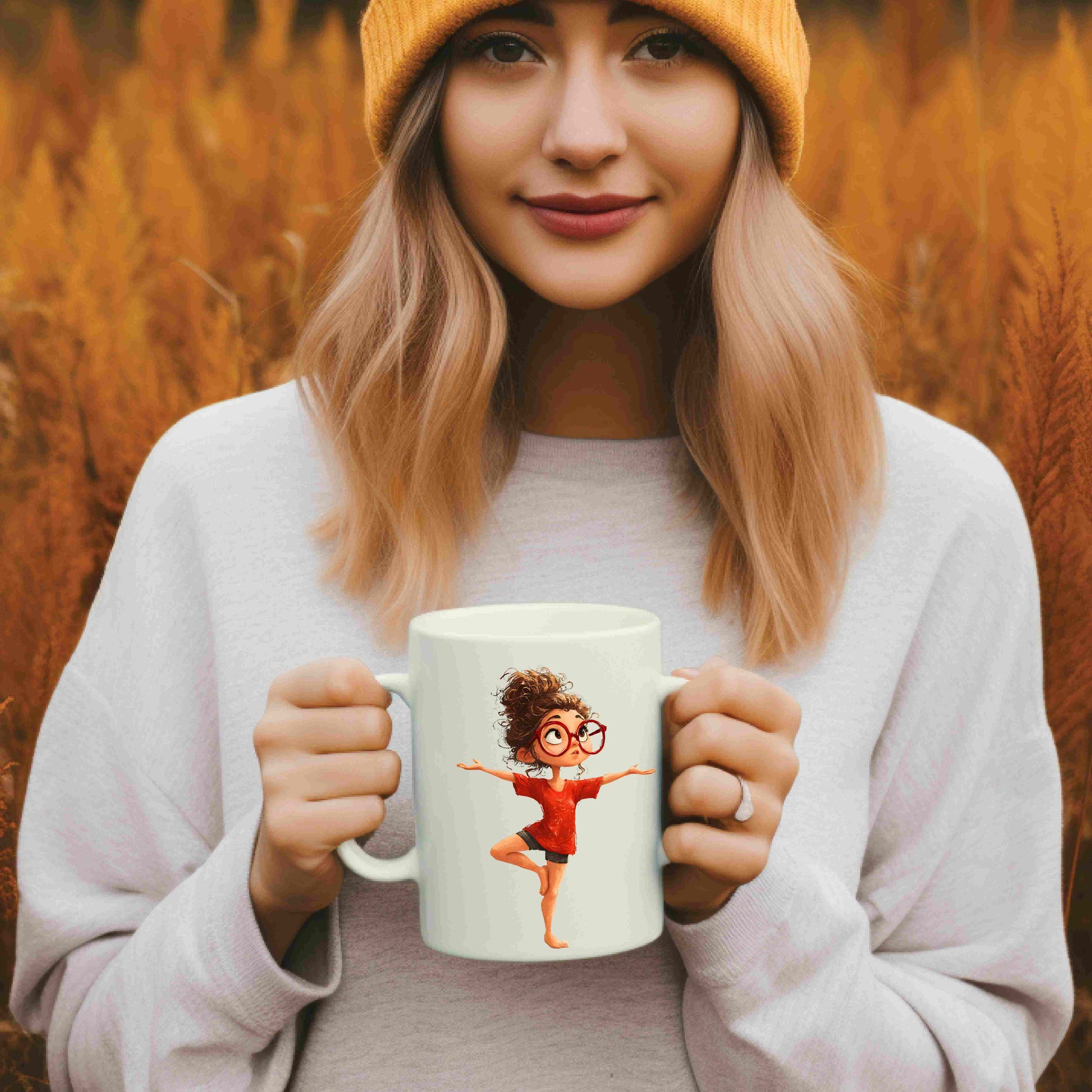 Five cute redhead girls in yoga poses wearing red shirts and glasses, digital PNG bundle for yoga, mindfulness, and sublimation projects