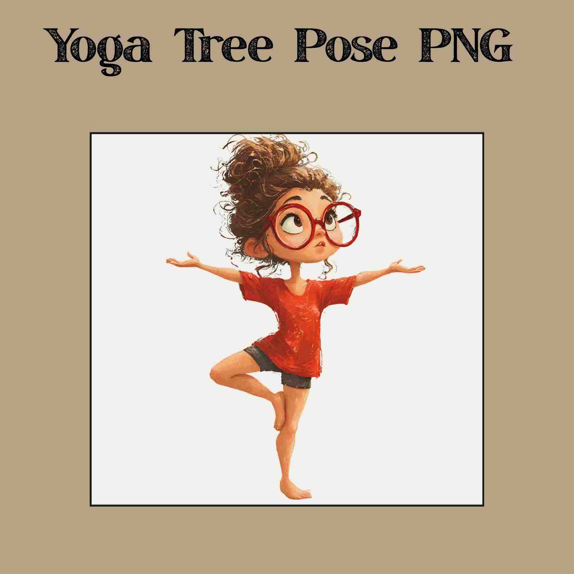 Cute redhead girl standing in yoga tree pose without mat, wearing red shirt and glasses, digital PNG for yoga clipart and mindfulness art
