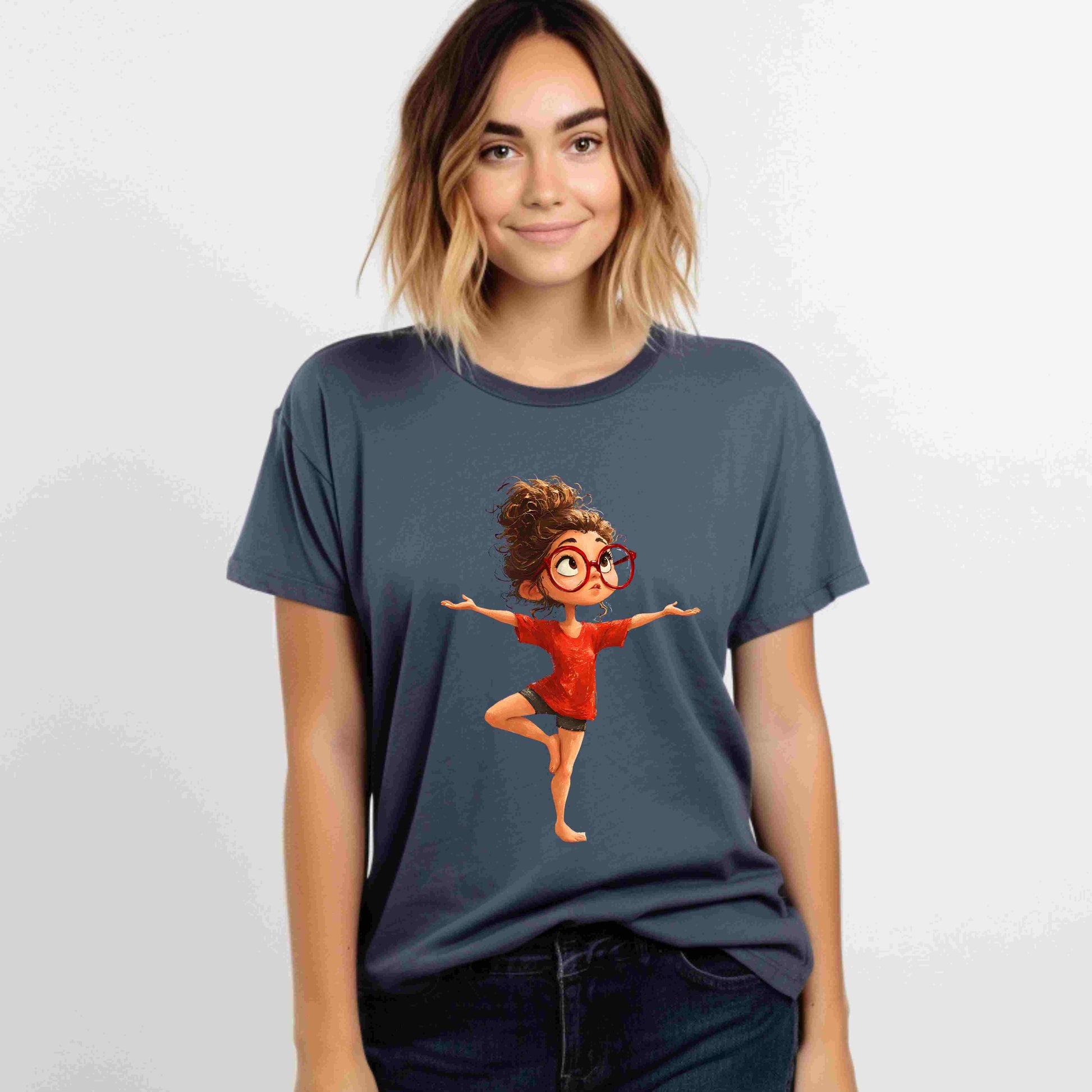 Cute redhead girl standing in yoga tree pose without mat, wearing red shirt and glasses, digital PNG for yoga clipart and mindfulness art